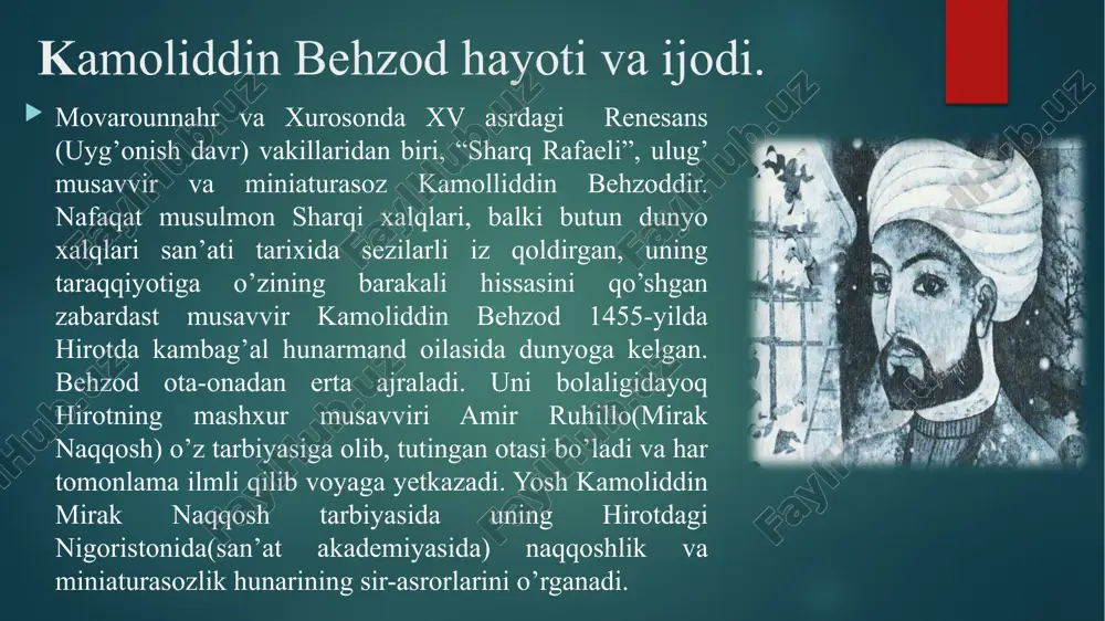 salim poshsho eronga ketma-ket tahdid solib turadi. behzodning boshiga yana og’ir musibatlar tushadi. 1512-1522 yillar behzod hayotida og’ir va musibatli yillar bo’ldi bu yillar orasida u ahyon-ahyonda ona yurti hirotga ham borib kelib turgan. 1522-yilda shoh ismoil safaviy maxsus farmon chiqarib, behzodni tabrizdagi saltanat kutubxonasiga boshliq etib tayinlaydi. sekin asta og’ir kunlarni boshdan kechirib, 1537-yilda hirotda olamdan o’tadi. uni ham hirot aholisi chuqur iztirob ila, ko’hi muxtor tog’i yonbag’riga, jiyani va shogirdi rustam alining qabri yoniga dafn qiladilar. behzod miniatura san’ati tarixida maxsus maktab “behzod maktabini” yaratdi. u real hayot hodisalari va tabiatni tasvirlash uslubi, bo’yoqlardan foydalanish vositalari, rasmga olinayotgan voqealarni nozik chiziqlarda ifodalash yo’llari, inson kayfiyati va xarakatini aks ettira bilishdagi ustaligi, rasm kompozitsiyasining kengligi va turli-tuman hodisalarni qamrab ola bilishi, ajoyib estetik zavq uyg’otishi bilan miniatura san’atini yangi bosqichga ko’tardi, uning tarixida yangi davr yaratdi. behzod ijodi va merosini o’rganuvchi mutaxassislar fikricha, uning hozirgacha ma’lum bo’lgan asarlari tahminan …