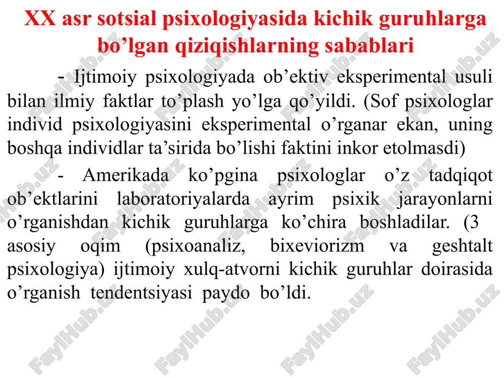 hasiga aloqador umumiy faoliyat va hamkorlik qilish, bir - birlariga ta’sir ko‘rsatish imkoniyati bo‘lishi kerak). jamoa tushunchasi guruhning eng yuksak shakli jamoadir. har qanday jamoa umumiy maqsad asosida tarkib topadi. demak, jamoa deb - umumiy maqsadlari asosida birlashgan, jamiyatning bir qismi hisoblangan va ana shu jamiyat maqsadlariga to`la buysungan kishilar guruhiga aytiladi. har qanday uyushgan guruh jamoa bo`la olmaydi. masalan, banditlar shaykasi, jinoyatchilar to`dasini jamoa deb bo`lmaydi. chunki ularning maqsadi faqat o`zlarining ehtiyojini qondirish, shaxsiy boylik orttirishdir. ular ichki manfaatidan tashqariga chiqa olmaydi. ch. kuli hamkorlikning darajasi mezoniga ko‘ra guruhlarni birlamchi guruhda shaxslararo o‘zaro ta’sir «yuzma - yuz, bevosita» ro‘y beradi. (oila, sinf, hamkasblar) ikkilamchi guruhlarda har doim ham odamlarning bevosita muloqotda bo‘lish imkoniyatlari bo‘lmaydi. ular o‘rtasidagi munosabat va o‘zaro ta’sir bilvosita bo‘ladi. (partiyaning turli viloyatlardagi a’zolari) kichik guruhlarga xos qonuniyatlar kichik guruhlarning hajmi, uni tashkil etuvchi shaxslar soni odatda “diada” (2kishi-yangi oila)dan tortib maksimal 30-40 kishi(maktab sharoitida)gacha bo’lishi mumkin. …