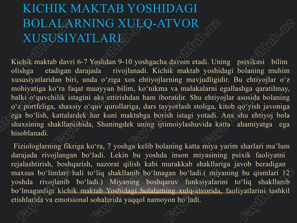 bolalarda ranglarning tuslarini sezish 45% ortishi,10-12 yoshgacha bolalarda esa 65%gacha ortishi rus olimlari tomonidan aniqlanilgan. kichik maktab o‘quvchilarini rasm chizishga o‘rgatish ranglarni farqlash sezgirligining o‘sishiga katta ta’sir ko‘rsatadi. ohanglarni farq qilish sezgirligi, ayniqsa bolalarga musiqa va ashula o‘rgatish jarayonida kuchli suratda o‘sadi. sezgilarning o‘sishida shuningdek, jismoniy tarbiya mashg‘ulotlarining ham ahamiyati katta. aniq harakat qilishga jalb etuvchi mashqlar bolalarning muskul-harakat sezgilarini o‘stiradi. . 1-2 sinf o‘quvchilari diqqatining o‘ziga xos xususiyatlaridan biri - uning etarlicha barqaror emasligidir. shuning uchun ham ular o‘z diqqatlarini uzoq muddat muayyan narsalarga qarata olmaydilar va diqqat ob’ektlari ustida uzoq tura olmaydilar.ta’lim jarayoni kichik maktab yoshidagi o‘quvchilarning ixtiyoriy, barqaror, mustahkam, kuchli, faol ongli diqqatni rivojlantirishga qulay shart-sharoit yaratadi. bilim olish jarayonida mustaqil aqliy mehnat qilish, misol-masalalar yechish, mashqlar bajarish, takrorlash irodaviy zo‘r berish jarayonida ixtiyoriy, ongli diqqat tarkib topadi. bu yoshdagi bolalarda ixtiyoriy diqqatni to‘plash, tashkil qilish, uni taqsimlash, ongli ravishda boshqarish uquvi shakllana boshlaydi. maktab ta’limiga tayyorlanayotgan …