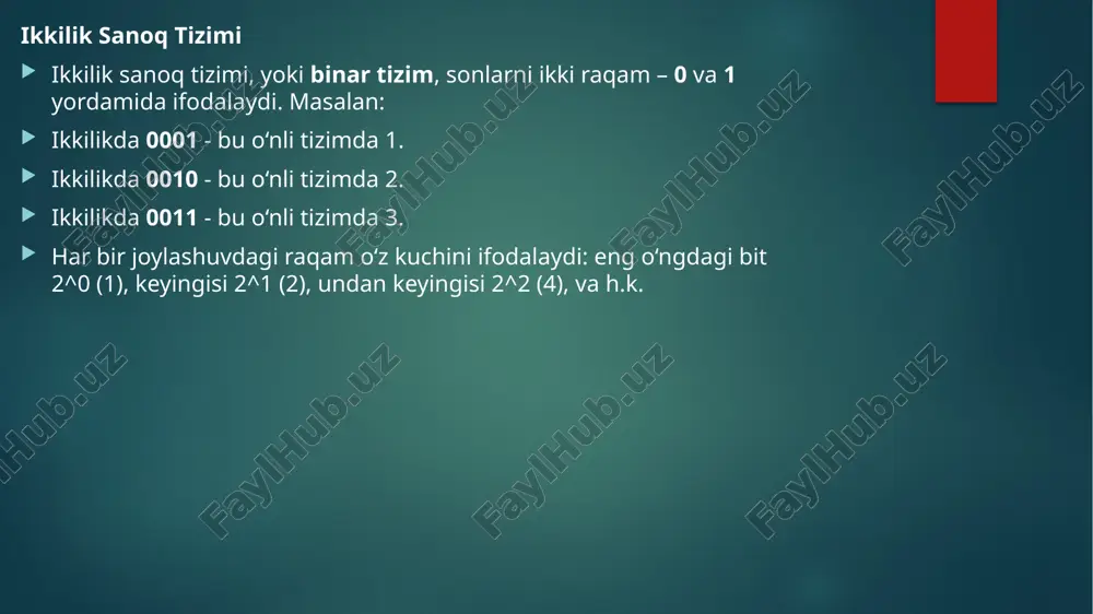 ) gpular grafikani qayta ishlashga ixtisoslashgan bo‘lib, ko‘p sonli ikkilik operatsiyalarni bir vaqtning o‘zida bajaradi. gpu, masalan: bir nechta piksel uchun ma’lumotni 0 va 1 lar sifatida saqlaydi. har bir piksel rangini 24 bit bilan ifodalaydi (masalan, 11111111 00000000 00000000 bu qizil rangga teng). gpular juda ko‘p matematik hisoblashlarni amalga oshiradi, bu esa video o‘yinlar va grafik dasturlar uchun muhimdir. ma'lumotlarni ramga yozish va o‘qish: protsessor ramga ma’lumot yozadi, masalan, 01010101 (85). keyinchalik protsessor ushbu ma’lumotni o‘qishi mumkin, bu esa kompyuterda tegishli dasturiy amallarni bajarishda ishlatiladi. grafik kartada piksel yaratish: gpu rangli piksellarni yaratadi. misol uchun, bir pikselda 00000000 11111111 00000000 bo‘lsa, bu piksel qizil rangni bildiradi. "hello" so'zi ascii kodlariga aylantirilganda: h = 72₁₀ = 1001000₂ e = 101₁₀ = 1100101₂ l = 108₁₀ = 1101100₂ o = 111₁₀ = 1101111₂ shunday qilib, "hello" so'zi xotira yoki protsessorda 1001000 1100101 1101100 1101100 1101111 ko'rinishida saqlanadi. 1. ascii nima? ascii …