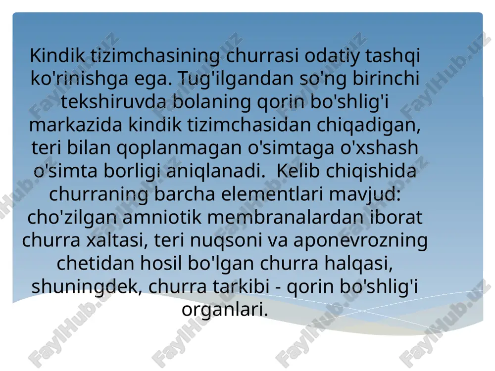 ajratilgan: 2) kindik tizimchasida katta churrasi bo'lgan bolaning tug'ilishi paytida membranalarning qisman yorilishi bilan bog'liq holda paydo bo'lgan "akusherlik" tug'ma eventratsiya (7 yangi tug'ilgan chaqaloq); membranalar odatda churra xosilasining asosi shikastlanadi; prolapslangan ichak qovuzloqlari ancha yashovchan, peritonitning ko'rinadigan belgilari yo'q (seroz parda porloq, toza, fibrinoz reydlar aniqlanmagan); tug'ma eventatsiya bo'lgan bolalar odatda tug'ilgandan keyin birinchi soatlarda klinikaga yetkaziladi; ularning umumiy ahvoli nihoyatda og'ir bo'ladi. 1) bachadon ichi eventratsiyasi (38 yangi tug'ilgan chaqaloq) - o'zgargan prolapslangan ichak qovuzloqlari bilan tavsiflanadi, ular fibrinoz blyashka bilan qoplangan, devorlari shishgan, tutqich tomirlari kengaygan. qorin devorining nuqsoni, qoida tariqasida, kichik (3-5 sm), uning qirralari qattiq, teri qisman kindik tizimchasidagi amniotik membranalarning qoldiqlariga o'tadi; churra qopning yuzaki membranalarining yiringlashi muqarrar ravishda bola tug'ilgandan keyingi birinchi kuni operatsiya qilinmagan hollarda yuzaga keladi. bunday bolalarda churra xosilasi iflos kulrang yiringli yara bo'lib, shilliq oqindi va to'q rangli quyqalar shaklida nekroz joylar kuzatiladi.birinchi kunlardagi yallig'lanish o'zgarishlari faqat churra xaltasining …