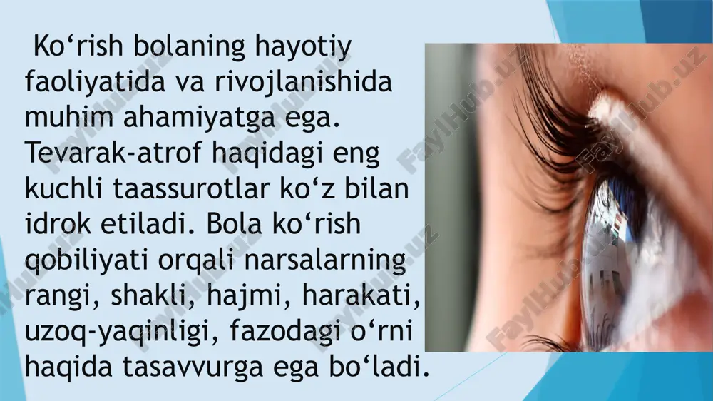 hi, tez harakatlar, og‘ir ko‘tarish, tana silkinishlaridan himoya qilinishi zarur. jarrohlik aralashuvi: ba'zi hollarda ko'rish nuqsonini tuzatish uchun jarrohlik aralashuvi zarur bo'lishi mumkin. dori-darmonlar: ba'zi ko'rish nuqsonlarini davolash uchun dori-darmonlar qo'llanilishi mumkin. ko'zoynak va kontakt linzalari: ko'zoynak va kontakt linzalari ko'rish qobiliyatini yaxshilashga yordam beradi. reabilitatsiya: rehabilitatsiya dasturlari ko'rish nuqsoniga ega bolalarning mustaqilligini oshirishga yordam beradi. davolash usullari erta tashxis qo'yish ko'rish nuqsonlarini erta aniqlash bolaning rivojlanishini yaxshilashga yordam beradi. moslashtirilgan ta'lim ko'rish nuqsoniga ega bolalar uchun moslashtirilgan o'quv materiallari va dasturlar taqdim etilishi kerak. ijtimoiy qo'llab-quvvatlash ko'rish nuqsoniga ega bolalarni jamiyatga integratsiyalash va ularni qo'llab-quvvatlash muhimdir. xulosa va tavsiyalar foydalanilgan adabiyotlar https://arxiv.uz/uz/documents/slaydlar/tibbiyot/ko-rishda-nuqsoni-bo-lgan-bolalar https://uz.wikipedia.org/wiki/albinizm https://uz.wikipedia.org/wiki/katarakta https://www.saif-optima.uz/uz/glaukomani-davolash/ https://med24.uz/uz/bolezn/trakhoma e’tiboringiz uchun raxmat! image1.png image2.png image3.png image4.png image5.png image6.png image7.png image8.png image9.png image10.png image11.png /docprops/thumbnail.jpeg