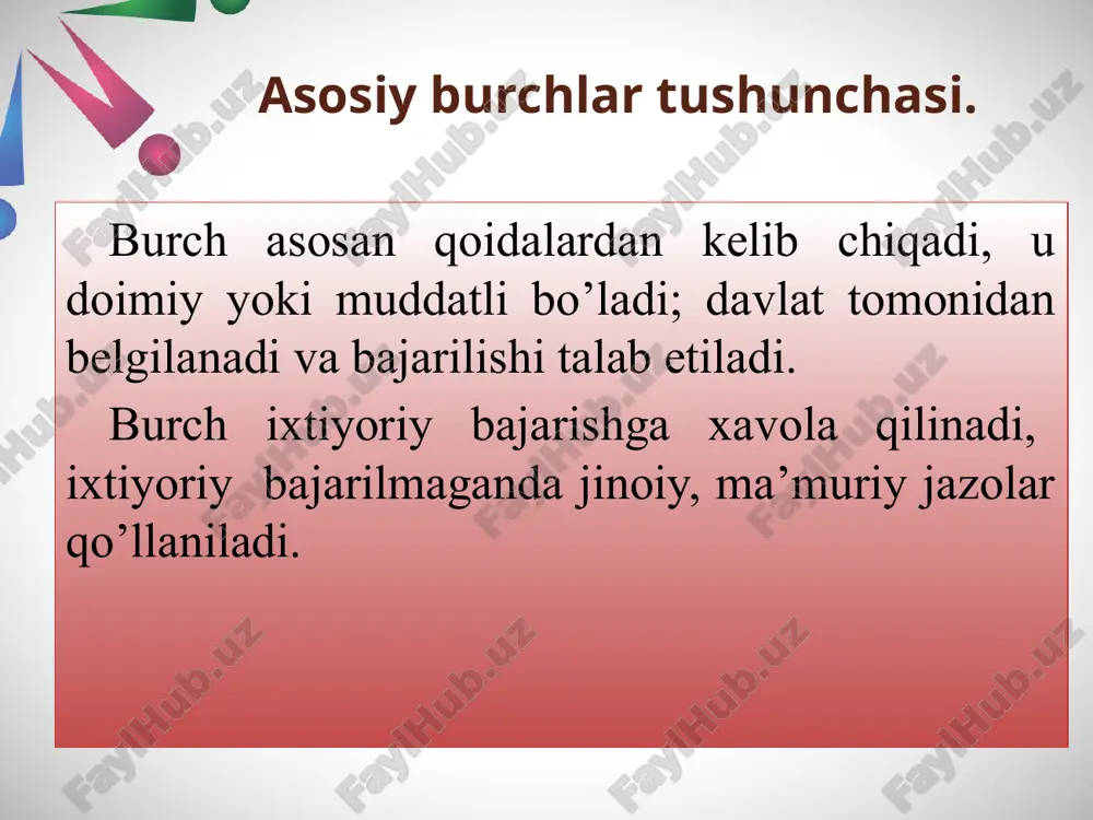 osining burchidir. fuqarolar qonunda belgilangan tartibda harbiy yoki muqobil xizmatni o‘tashga majburdirlar. 52-modda. muddatli harbiy xizmatga salomatligi holatiga ko‘ra harbiy xizmatga yaroqli, chaqiruv kunida 18 yoshga to‘lgan erkaklar chaqiriladi. 1993-yilda 14-yanvar kuni bizning davlatimizda vatan himoyachilari kunideb e’lon qilingan. xulosa image3.jpg image4.png image6.jpg image7.png image8.png image9.png image10.png image11.png image12.png image13.png image14.png image15.png image16.png image17.png image18.png image19.png image20.png image21.png image22.png image2.jpeg /docprops/thumbnail.jpeg