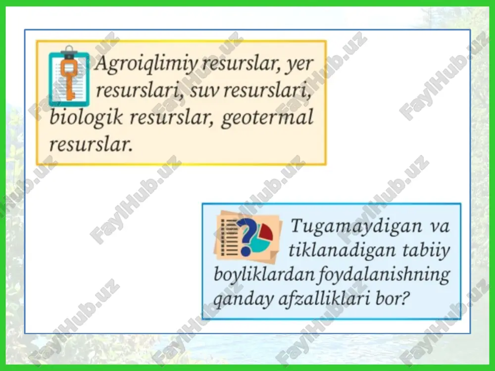 i suvning umu­miy miqdori atigi 47 ming km3 dir. ekvato­rial va mo‘tadil iqlim mintaqalarida daryo va ko‘llari ko‘p bo‘lib, bu hududlar chuchuk suv resurslariga ancha boy. chuchuk suv bilan eng yaxshi ta’minlangan davlatlar qatoriga braziliya, rossiya, kanada, aqsh, indoneziya, venesuela, peru, myanma, tojikiston va boshqalar kiradi. 7 6 3 2 4 1 9 8 5 quruqlikning katta qismini egallagan qurg‘oqchil hududlarda esa suv re­surslarining hajmi tabiiy holatda kam. boz ustiga ularda dehqonchilik, asosan, sun’iy sug‘orish orqali olib boriladi. daryolar suvidan samaraliroq foydalanish uchun suv omborlari qurilgan (2-rasm). hozir jahonda qurilgan suv omborlarining soni 40 mingdan oshib ketdi. yirik suv omborlarining soni bo‘yicha aqsh, xitoy, hindiston, braziliya va rossiya alohida ajralib turadi. biologik resurslar deb, quruqlik va dunyo okeanidagi o‘simlik va hayvonot boyliklariga aytiladi. biologik resurslar ayniqsa o‘rmon resurslarining xo‘jalik va ekologik ahamiyati nihoyatda katta. jahonda o‘rmonlar 40 mln. km2 (4 mlrd. gektar)ni, yoki butun quruqlikning 30 % ga yaqinini tashkil …