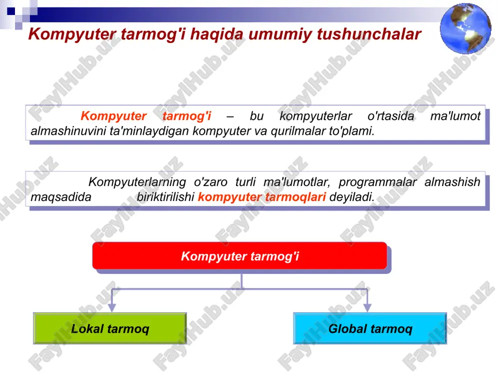 ektron pochta elektron pochta - bu internet tarmog'i orqali xabarlar almashish xizmati hisoblanib asosan ikkita komponent ishtirokida tashkil etiladi: elektron pochta serveri - xabarlarni jo'natish va qabul qilishni ta'minlash elektron pochta klienti - xabarlarni yaratish, o'qish va javob qaytarish elektron pochta xizmati quyidagi imkoniyatlarni taqdim etadi: xabarlarni tezkor almashish (bir necha daqiqa) xabarlarga qo'shimcha ma'lumotlarni ilova qilish xabarlarga rasm va multimedia ma'lumotlarini joylashtirish xabarlarni uchinchi shaxsga yoki bir gurux foydalanuvchilarga uzatish xabarlarni qidirish va saqlash elektron pochta orqali xabarlarni uzatish va qabul qilish * name@domain3.domain2.domain1 info@tuit.uz elektron pochta manzili elektron pochta manzili: pochta qutisi nomi va pochta serveri manzilidan iborat bo'ladi pochta qutisi nomi tashkilot domeni asosiy domen * xabar tarkibi elektron pochta xabari tarkibi: kimga maydoniga qabul qiluvchi manzili kiritiladi nusxa maydoniga uchinchi shaxs manzili ko'rsatiladi mavzu maydoniga xabar mavzusi yoziladi xabar maydoniga asosiy ma'lumot kiritiladi. * internet domen nomlari uz - uzbekistan kg - kyrgyzstan kz - kazakhstan …