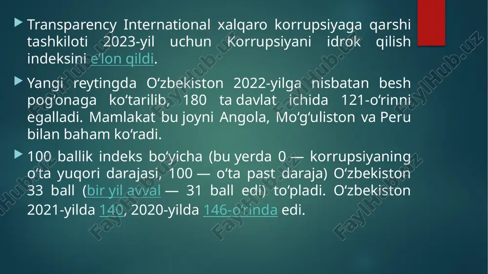 i bor – yo’g’i bir marta chaqirilgan xolos. davlat xizmatchilari soni unchalik ko’p emas. ayniqsa, 90-yillardan keyin davlat xizmatchilari soni deyarli teng yarmiga, ya’ni 230.000 dan 127.000 ga qisqartirilgan. finlandiyada davlat xizmatchilarini korrupsiyalashuvidan saqlovchi muhim omillardan biri - ularning moddiy va ijtimoiy ta’minlanganligidadir. alohida ta’kidlash lozimki, finlandiyada ommaviy axborot vositalari ijtimoiy nazoratning muhim vositasi bo’lib xizmat qiladi. hukumat esa, ommaviy axborot vositalariga nafaqat erkinlik yaratib bergan, balki har bir e’lon qilingan korrupsiya holati bo’yicha aniq choralarni ko’rib boradi. finlandiya korrupsiyaga qarshi bir qancha xalqaro hujjatlarga qo’shilgan, xalqaro tashkilotlar va boshqa davlatlar bilan hamkorlik aloqalarini faol olib boradi. finland corruption index 2013-2022 finlandiyada nega ommaviy korrupsiya yo‘qligi va hech qachon bo‘lmasligi haqida 5 tushuntirish 1. finnlar aslo hashamat va dabdabaga o‘ch emaslar. dabdabayu as’a’sa — degenerat (tug‘ma jismoniy va ruhiy nuqsonlarga ega inson) lar uchun o‘rta asrlar sharqiga xos ko‘ngilxushlikdir. tilla unitaz, faqat degeneratlar uchun xolos. 2. finnlar o‘z xalqining boshqa …