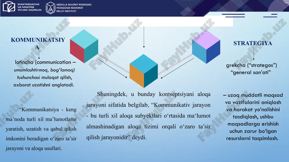 otesslides/notesslide8.xml ppt/notesslides/notesslide9.xml ppt/notesslides/notesslide10.xml ppt/notesmasters/notesmaster1.xml ppt/fonts/font1.fntdata ppt/fonts/font2.fntdata ppt/fonts/font3.fntdata ppt/fonts/font4.fntdata ppt/fonts/font5.fntdata ppt/fonts/font6.fntdata ppt/fonts/font7.fntdata ppt/fonts/font8.fntdata ppt/fonts/font9.fntdata ppt/fonts/font10.fntdata ppt/fonts/font11.fntdata ppt/fonts/font12.fntdata ppt/fonts/font13.fntdata ppt/fonts/font14.fntdata ppt/fonts/font16.fntdata ppt/media/image25.jpeg ppt/theme/theme1.xml ppt/fonts/font15.fntdata ppt/media/image1.png ppt/media/image2.png ppt/media/image3.png ppt/theme/theme2.xml ppt/media/image4.png ppt/media/image5.svg ppt/media/image6.png ppt/media/image7.png ppt/media/image8.jfif ppt/media/image9.jpeg ppt/media/image10.png ppt/media/image11.png ppt/media/image22.png ppt/notesmasters/_rels/notesmaster1.xml.rels ppt/media/image20.gif ppt/presprops.xml ppt/viewprops.xml ppt/tablestyles.xml docprops/core.xml ppt/media/media1.mp4 docprops/app.xml ppt/media/media2.mp4 ppt/media/image12.png ppt/media/image13.png ppt/media/image14.png ppt/media/image15.png ppt/media/image16.png ppt/media/image17.png ppt/media/image18.png ppt/media/image19.png ppt/media/image21.png ppt/media/image23.png ppt/media/image24.png ppt/media/image26.png ppt/media/image27.png ppt/media/image28.png ppt/media/image29.png ppt/slides/slide18.xml ppt/slides/slide20.xml ppt/slides/slide22.xml ppt/slides/slide23.xml [content_types].xml _rels/.rels docprops/custom.xml kommunikativ strategiyalar boshqaruv vositasi sifatida katta o’qituvchi : itolmazova g.k reja : kommunikativ strategiya tushunchasining mohiyati 2. ta’limni tashkil etishda kommunikativ strategiyalarning vazifalari 3. kommunikativ strategiyalar - ta’lim jarayonida o‘zaro ta’sir samaradorligini oshirishning boshqaruv vositasi ekanligi 4. boshqaruv muloqotida kommunikativ strategiyalarni qo‘llash asosida ta’lim sifatining o‘zgarishi mavzu: kommunikativ strategiyalar boshqaruv vositasi