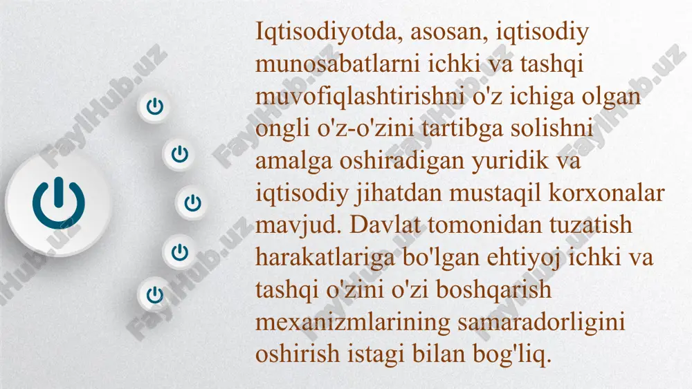 lik faoliyatini rag'batlantiradi. investitsiyalar, milliy iqtisodiyotni rivojlantirish inflyatsiyaga qarshi strategiya. 11 02 byudjet taqchilligini ikki yo'l bilan bartaraf etish mumkin: daromadlarni ko'paytirish va xarajatlarni kamaytirish. uzoq muddatli istiqbolda byudjetning xarajatlar qismidagi pasayish dinamikasining bashorat qilinishiga ustunlik beriladi. investitsion siyosat tomonidan qo'llab-quvvatlanadigan davlatning muvozanatli tarkibiy siyosati bozor muvozanatini ta'minlashga katta ta'sir ko'rsatishi mumkin. 12 ijtimoiy tartibga solish. milliy iqtisodiyotni rivojlantirish muammolarini inobatga olgan holda, iqtisodiy va ijtimoiy munosabatlar bir-biriga chambarchas bog'liqligini ta'kidlash kerak. istisnosiz jamiyatning asosiy ishlab chiqaruvchi kuchi va barcha ijtimoiy munosabatlarning tashuvchisi bo'lib, inson uni fiziologik va jismoniy, ma'rifiy va madaniy, ijtimoiy va iqtisodiy jihatdan ko'paytirishga yo'naltirilgan ijtimoiy-iqtisodiy tizimning yadrosiga aylanadi. 13 2 0 2 4 thanks 14 image2.png image1.jpeg image3.png image13.png image5.png image6.png image7.png image8.jpeg image9.jpeg image10.jpeg image11.jpeg image12.jpeg /docprops/thumbnail.jpeg