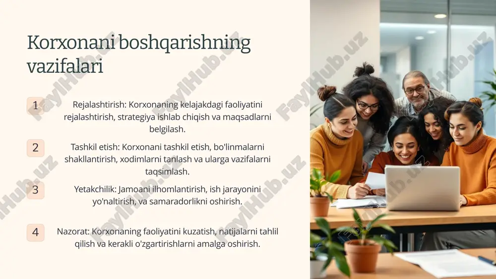 ijobiy va ilhomlantiruvchi tashkilot madaniyati xodimlarning motivatsiyasini oshirishga, ularning ishlash samaradorligini yaxshilashga va korxonaning raqobatbardoshligini kuchaytirishga yordam beradi. 7 korxonani boshqarish: xulosa korxonani boshqarish murakkab va doimiy rivojlanib boruvchi jarayondir. ushbu ma'ruzadan olgan bilimlar sizga korxonangizni samarali boshqarish, uning rivojlanishini ta'minlash va muvaffaqiyatga erishishda yordam beradi. 8 image1.png image2.png image3.png image4.png image5.png image6.png image7.png image8.png image9.png image10.png image11.png image12.png image13.png image14.png image15.png image16.png