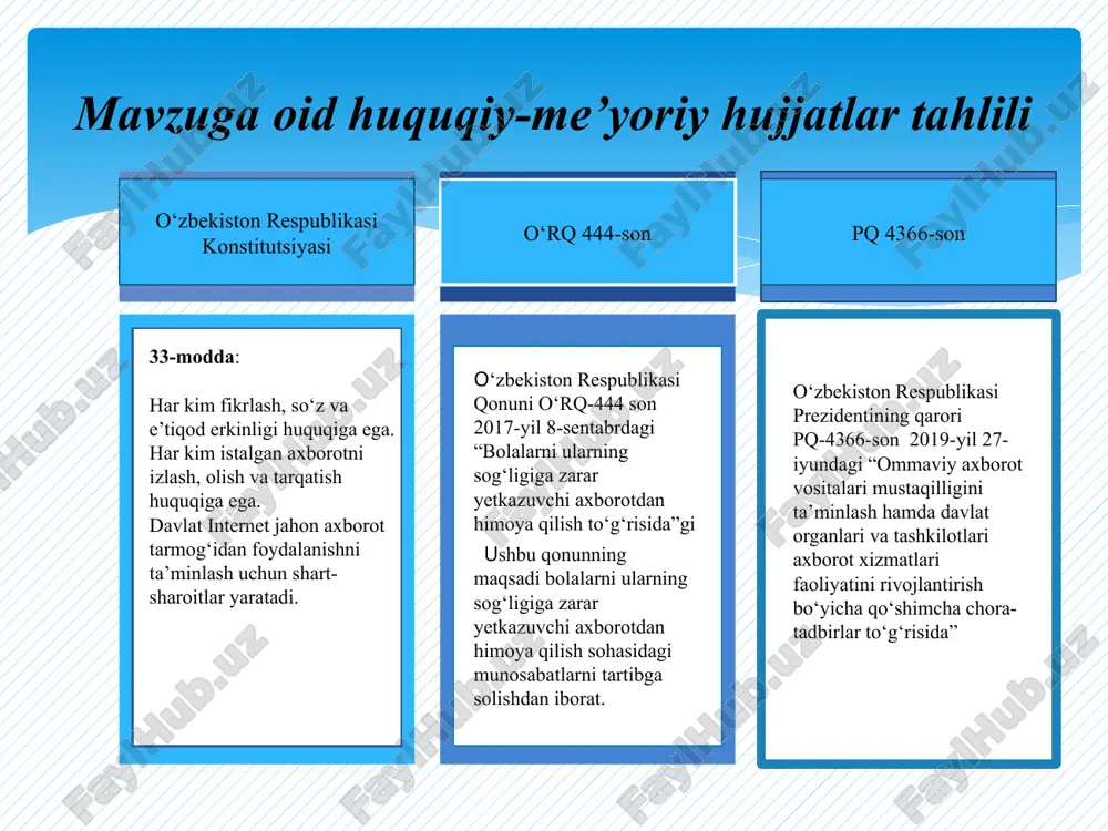 shlab chiqish va amalga joriy etish. 2. maktab jamoasiga ishonchli axborotlar yetkazib berish choralarini ko‘rish. 3. ijtimoiy tarmoqlarga qaramlikning oldini olish va vaqtdan samarali foydalanish, elektron kitoblar mutolasini targ‘ib qilish. berlin texnika va minyustr universitetlarida media o‘quv kurslari tashkil etilgan. unga ko‘ra nemis tili, geografiya, san’at va ijtimoiy fanlar negiziga kiritilgan mediata’lim o‘quvchilarning fuqaro sifatida o‘zini anglashini ta’minlash, unda tanqidiy fikrlash qobiliyatini rivojlantirishga xizmat qilishi zarur. germaniya xorijiy tajribalarning o‘rganilganligi avstriyada mediata’lim sohasida ishlanmalarning tayyorlanishi, uni boshlang‘ich va o‘rta maktablarda majburiy fan sifatida o‘qitilishiga erishilgan. avstriya xorijiy tajribalarning o‘rganilganligi 2017-yildan boshlab boshlang‘ich va o‘rta maktablarda “raqamli ta’lim” kursi o‘qitila boshlandi. fuqarolik jamiyati tashkilotlari tashabbusi bilan maktablarda ixtiyoriy mediasavodxonlik kurslari joriy etilgan. moldova xorijiy tajribalarning o‘rganilganligi xorijiy davlatlarning qiyosiy tahlil qilinganligi t/r amaldagi holat o‘zbekistonda amaldagi holat xorijda taklif 1. 4.10.2021-yilda «yangi media ta’lim markazi» nodavlat notijorat tashkiloti faoliyati yo‘lga qo‘yildi. germaniya mediapedagogikaning predmeti sifatida media bilan muloqot qilish munosabatga kirishishning …