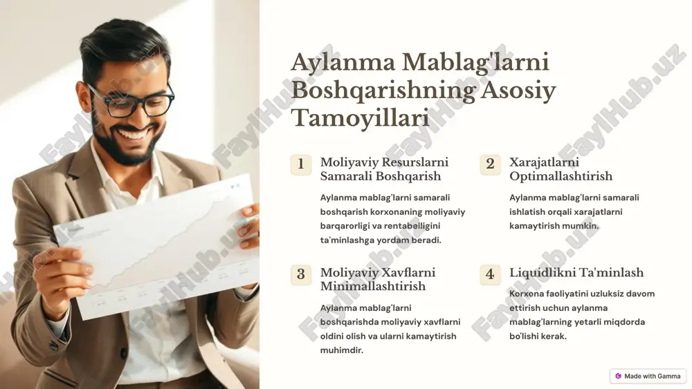 ing ma’ium bir vaqt (yil, chorak) davomida amalga oshiruvchi aylanishini tavsiflaydi yoki aylanma mablag‘laming har 1 so‘miga to‘g‘ri keluvchi sotilgan mahsulotlami ko‘rsatadi. u quyidagi formula asosida hisoblab topiladi: ka — rm : sa bu yerda, rm - sotilgan mahsulot hajmi, pul o‘lchovida; sa - aylanma mablag‘laming o‘rtacha qoldiq hajmi, pul o‘lchovida xulosa va tavsiyalar korxonaning aylanma mablag'larini samarali boshqarish uning moliyaviy barqarorligi va rentabelligini oshirishga yordam beradi. aylanma mablag'larni optimallashtirish, xarajatlarni kamaytirish, moliyaviy xavflarni minimallashtirish va liquidlikni ta'minlashga yordam beradi. 10 image1.png image2.png image3.png image4.png image5.png image6.png image7.png image8.png image9.png image10.png image11.png image12.png
