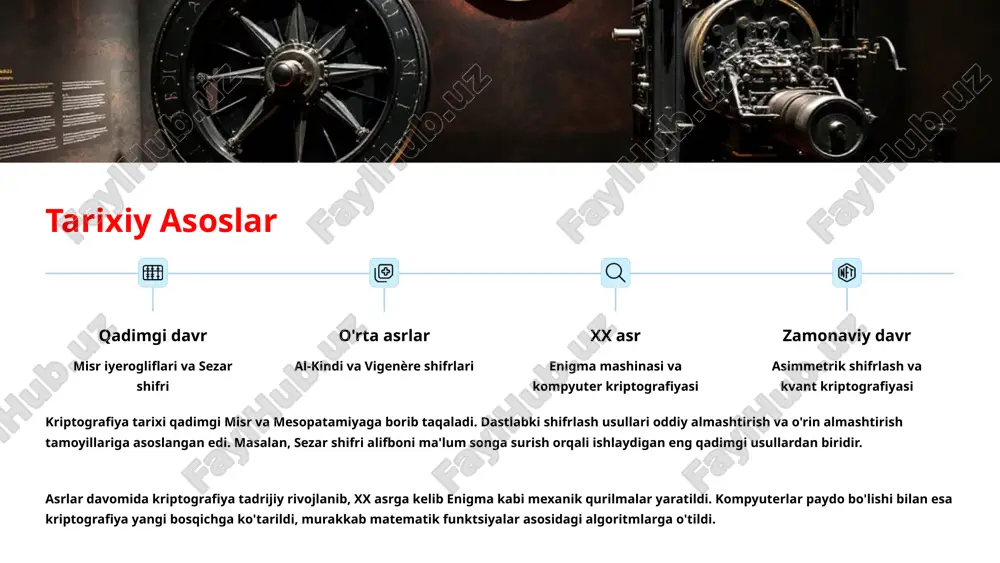n ishlatiladi raqamli imzolarni yaratish assimmetrik kriptografiya ikki bog'liq kalit - jamoat (ochiq) va shaxsiy (maxfiy) kalitlardan foydalanadi. ushbu tizimning asosiy afzalligi, yuboruvchi va qabul qiluvchi oldindan sir kalitni almashishi shart emasligi. rsa algoritmi assimmetrik kriptografiyaning eng mashhur namunasidir. u tub sonlar faktorizatsiyasi muammosining murakkabligiga asoslangan. elliptik egri chiziqlar kriptografiyasi (ecc) esa, kichikroq kalit o'lchamlari bilan yuqori xavfsizlikni ta'minlaydigan yanada samarali assimmetrik algoritm hisoblanadi. 6 kriptografik xesh funktsiyalari yaxlitlik ma'lumot o'zgartirilmaganligini ta'minlash fiksirovanlik har qanday uzunlikdagi ma'lumotdan ma'lum uzunlikdagi "barmoq izi" hosil qilish qaytarilmaslik xesh qiymatidan asl ma'lumotni qayta tiklash imkonsizligi kriptografik xesh funktsiyalari har qanday hajmdagi ma'lumotdan qattiy belgilangan uzunlikdagi qiymat (xesh) hosil qiladi. xesh funktsiyalari ma'lumotlarning yaxlitligini tekshirish, parollarni saqlash va raqamli imzolarda keng qo'llaniladi. xesh funktsiyalari bir tomonlama bo'lishi kerak - ya'ni, xesh qiymatidan asl ma'lumotni qayta tiklash imkonsiz bo'lishi lozim. bundan tashqari, ular to'qnashuvlarga chidamli bo'lishi kerak - ikki xil ma'lumot bir xil xesh qiymatiga ega …