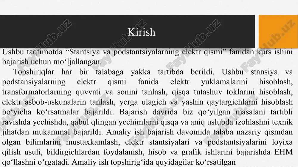 da olib boriladi: koʻrilayotgan energetik tizimlar uchun hisoblash sxemasi asosida oʻrin almashtirish sxemasi tuziladi: asta–sekin oʻzgartirish yoʻli bilan oʻrin almashtirish sxemani eng sodda koʻrinishga shunday keltiriladi, bunda natijaviy eyuk ma’lum miqdor bilan xarakterlovchi manbalar guruhi yoki xar bir ta’minlovchi manba qisqa tutashuv nuqtasi bilan bitta natijaviy qarshilik xnat orqali bogʻlangan boʻladi. natijaviy qarshilikni bilgan holda om qonuni asosida qisqa tutashuv tokining tashkil etuvchisini boshlangʻich miqdori ipo aniqlanadi. soʻngra zarbiy tok va zarurat tugʻilsa, berilgan vaqt momenti t uchun qisqa tutashuv tokining davriy va boshlangʻich tashkil etuvchisi aniqlanadi. 110 kv 10 kv tp-1 tp-2 yuk pk k-1 k-2 qisqa tutashuv tokini hisoblash elektr tizim sxemasi podstansiyalarni elektr jihozlarini tanlash. tanlangan bosh sxemaga asosan elektr jihozlarini soni aniqlanadi. elektr apparatlarini tanlash kataloglar yordamida elektr qurilmaning normal rejimdagi ko‘rsatgichlari bo‘yicha bajariladi. qabul qilingan apparatni ulanish nuqtasidagi maksimal qisqa tutashuv toki ta’siri bo‘yicha tekshirib ko‘rinishi zarur. albatta, katalog bo‘yicha tanlangan apparatlarning parametrlari(nominal kuchlanishi va …