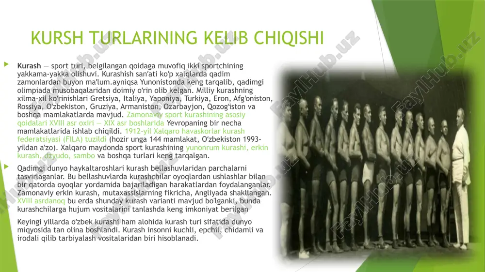 hgan (19-asr oxiri — 20-asr boshi). chorizm istilosi va shoʻrolar davrida oʻzbek milliy k.ini xalq turmush tarzidan sunʼiy ravishda siqib chiqarishga harakat qilindi. 20-asrning 90-yillari oxiriga kelib bu urinishlarga barham berildi. 1991-yildakurashchilar sulolasi vakili, bir necha k. turlari boʻyicha xalqaro miqyosda sport ustasi komil yusupov oʻzbekcha k.ning xalqaro andozalarga moslangan vva qonun qoidalarini ishlab chiqgan 1992-yilda oʻzbekistonda kurash federatsiyasi, 2001-yilda oʻzbekistonda belbogʻli kurash federatsiyasi tuzildi. 1998-yil sentabrda toshkentda 28 davlat (aqsh, boliviya, buyuk britaniya, gollandiya, rossiya, oʻzbekiston, yaponiya va h.k.) vakillari xalqaro kurash assotsiatsiyasi (ika) muassislari boʻlishdi va shu munosabat bilan bu yerda oʻzbekcha k. boʻyicha yirik xalqaro musobaqa oʻtkazildi. oʻzbekiston respublikasi prezidentining „xalqaro kurash assotsiatsiyasini qoʻllab-quvvatlash toʻgʻrisida“gi farmoni (1999-yil 1 fevral) oʻzbek milliy k. ining yavada rivojlanishiga turtki boʻldi. oʻsha yili toshkentda oʻzbekcha k. boʻyicha birinchi jahon chempionati, rossiyaning bryansk shahrida ayollar oʻrtasida xalqaro musobaqa boʻlib oʻtdi. ika qoshida xalqaro k. akademiyasi, butun jahon k.ni rivojlantirish jamgʻarmasi tuzildi, assotsiatsiya …