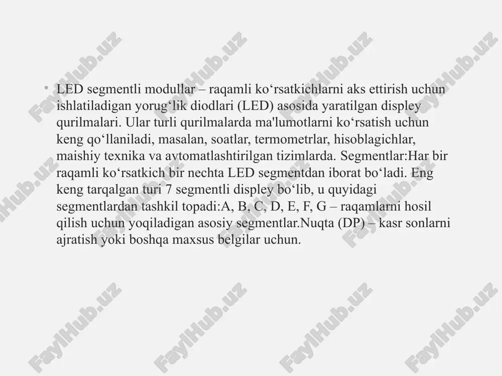 xosil qilish uchun segmentli display 0x3f qiymatiga ega bo’lishi kerak. led segmentli modulni dasturiy boshqarish bir qator afzalliklarga ega, jumladan:1. moslashuvchanlikhar xil formatlarda raqamlar, belgilar va animatsiyalarni osongina ko‘rsatish mumkin.turli displey rejimlarini dasturiy ta’minot orqali tezda o‘zgartirish imkoni mavjud.2. kengaytirish imkoniyatidasturiy boshqarish orqali ko‘proq segment yoki displeylarni oson ulash va boshqarish mumkin 3. avtomatlashtirishharorat, vaqt yoki boshqa sensorlardan kelgan ma’lumotlarga qarab avtomatik yangilanish imkoniyati.4. xatolarni aniqlash va tashxislashkod yordamida nosoz segment yoki ledlar aniqlanib, signal berish yoki ogohlantirish imkoni mavjud.5 estetik va funksional imkoniyatlarraqamli ko‘rsatkichlarni animatsiya qilish, yorqinlikni o‘zgartirish va turli rangli effektlar yaratish.bu afzalliklar led segmentli modullarni keng turdagi dasturiy va apparat loyihalarda qo‘llashga imkon beradi. qo'llanilishi : sanoat va ishlab chiqarish:mashinalar va uskunalarning ishlash holatini ko'rsatish.vaqt va jarayonlarni ko'rsatish. elektron qurilmalar:maishiy texnika (konditsioner, mikroto'lqinli pech) displeylari. tibbiyot:tibbiy asbob-uskunalardagi indikatorlar. transport:avtobus va poyezd displeylari. reklama va ko'rgazmalar:elektron reklamalar yoki interaktiv displeylar. o'yin va ko'ngilochar qurilmalar:o'yin avtomatlari yoki elektron o'yinlarda …