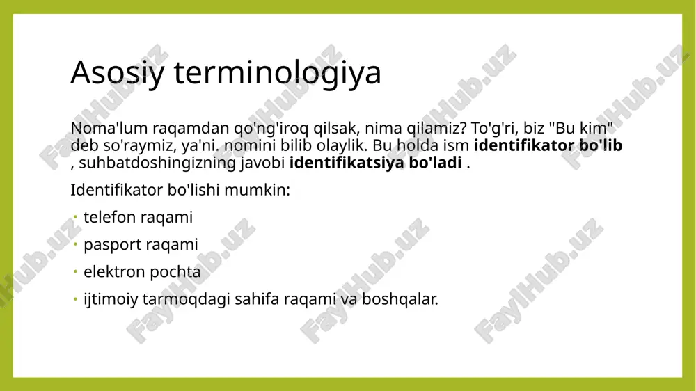 tlarni o'g'irlash, buzish yoki oshkor qilish jiddiy oqibatlarga olib kelmaydigan tizimga kirish uchun autentifikatsiya talab qilinadi . tavsiya etilgan minimal talab - qayta ishlatiladigan parollardan foydalanish misol: pazandachilik retseptlari portalida ro'yxatdan o'tish. autentifikatsiya texnologiyasini tanlash kam zarar keltiradigan tizimga kirish uchun autentifikatsiyani talab qiladi. tavsiya etilgan minimal talab - bir martalik parollardan bank operatsiyalarini autentifikatsiya texnologiyasini tanlash tizimga kirish uchun autentifikatsiya talab qilinadi va maxfiy ma'lumotlarni o'g'irlash, buzish va oshkor qilish katta zarar keltiradi. tavsiya etilgan minimal talab ko'p faktorli autentifikatsiyadan misol: birjada banklararo operatsiyalarni amalga oshirish . amaliyotga yaqinroq shunga o'xshash atamalar kompyuter tizimlarida qo'llaniladi, bu erda an'anaviy ravishda identifikatsiya qilish foydalanuvchi nomi yoki elektron pochta orqali hisobingizni ( identifikatsiyani ) olish tushuniladi ; autentifikatsiya ostida - ushbu hisob uchun parolni bilishingizni tekshirish va avtorizatsiya ostida - tizimdagi rolingizni tekshirish va so'ralgan sahifa yoki manbaga kirish huquqini berish yoki bermaslik haqida qaror qabul qilish. parolni autentifikatsiya qilish tizimni muvaffaqiyatli …