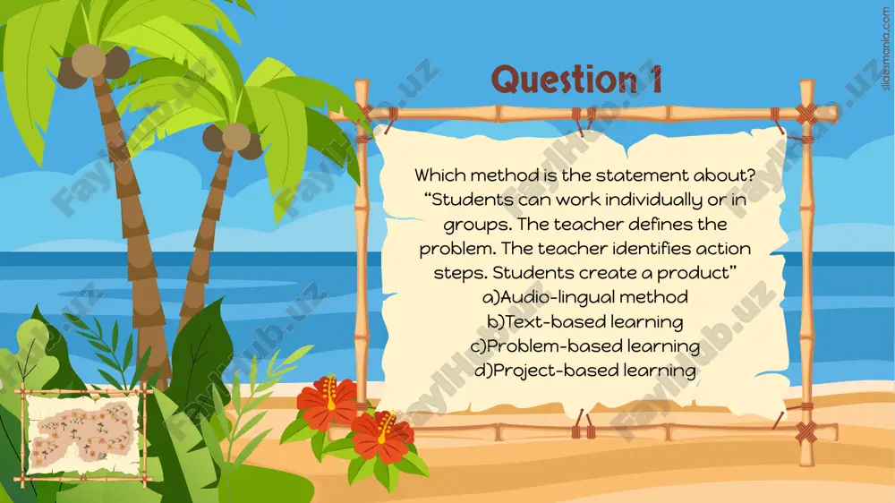 which is the main task (to create an original comic strip) a)text-based b)problem-based c)grammar translation method d)task-based d)task-based question 17 when should a teacher correct errors in task-based language teaching? a)students should correct each other’s errors b)never c)on the spot d)at the end of the lesson d)at the end of the lesson question 18 which is not a technique for task-based language teaching? a)participating in a group debate or discussion, like arguing for a favorite competitor in a tv show b)gap-filling c)creating an original game that includes writing down the game rules, playing the game, and evaluating the game d)making a video or short movie b)gap-filling free themes and templates for google slides or powerpoint not to be sold as is or modified! read faq on slidesmania.com do not remove the slidesmania.com text on the sides. sharing is caring! image7.png image8.png image9.png image10.png image1.png image5.png image6.png image2.png image3.png image4.png