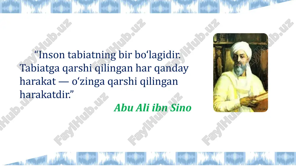ash loyiha maqsadi: tomchilab sug‘orish tizimining ishlash printsipini amalda o‘rganish va modelini yasash. loyiha ishi kerakli jihoz va materiallar • qog‘oz yoki plastik stakanlar (turli o‘lchamda bo‘lishi mumkin) • ichimlik ichish uchun ishlatiladigan cho‘plar yoki flomasterlar • pistalet kley • 2-3 litrli kattaroq plastik idish • qaychi • pichoq • karton qog‘oz • suv • tuproq • o‘simlik • ish joyi uchun masalan, kattaroq plastik idish. “bola tabiatni yaxshi ko‘ra boshlasa, odamlarni ham yaxshi ko‘radi, chunki inson ham tabiatning bir bo‘lagidir” ekologik hikmat ishtirokingiz uchun rahmat! o‘zbekiston respublikasi ta’limni rivojlantirish respublika ilmiy-metodik markazi savollar bo‘lsa marhamat… image10.svg image6.png image7.png image8.png image9.png image1.png image2.png image3.png image4.svg image4.png image6.svg image5.png image10.jpeg image11.png image12.jpeg image13.jpeg image14.jpeg image15.jpeg image16.jpeg image17.jpeg image18.png image19.png image20.png image21.jpeg image22.jpeg image23.jpeg image24.png image25.jpeg image26.jpeg image27.jpeg image28.png image29.jpeg image30.png image31.png image35.png image36.png image32.png image38.svg image33.png image34.png image43.svg