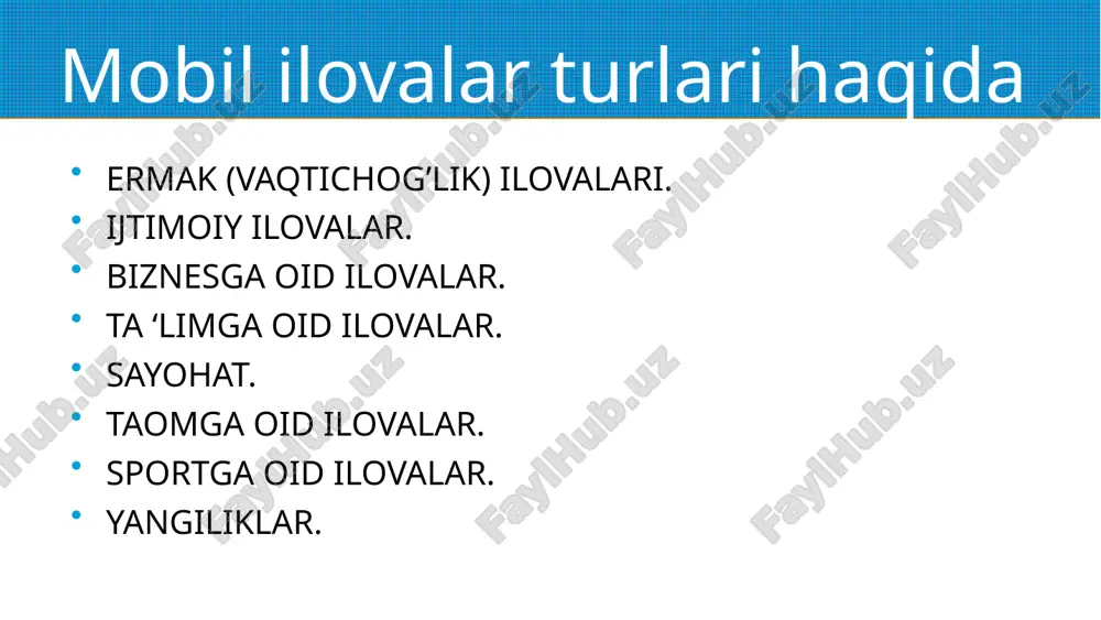 ppery.io texnologiyasi bilan ilovalar yaratish. appery.io code yozmasdan ilovalar yaratish imkoni beradi. appery.io yordamida adaptiv ilovalar yaratish mumkin. appery.io ko’plab ma’lumot bazalarini quvvatlaydi. e’tiboringiz uchun rahmat! image2.png image3.png image4.png image5.png image6.png image1.png