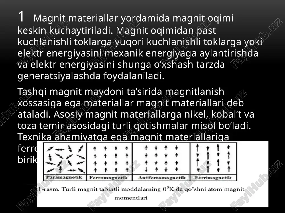 n magnit quyish usuli bilan olinib, kerakli tuzilish sovitish jarayonida hosil qilinadi.uning magnit xossalari quyidagicha: hc=4-4,5 ka/m, br=0,55-0,65vb/m2, wg=5kj/m3. alniko qotishmasi alniga o’xshash bo’lib, uning tarkibida 5-10% co va cu qo’shimchalar bor. alnikoning magnit xossalari: hc=4,0-4,5 ka/m, br=0,7-0,8 bb/m2, wg=6,0-7,0 kj/m3. magniko qotishmasi alnikodan tarkibidagi kobalt miqdorining nisbatan ko’pligi bilan (10%al, 17% ni, 24% co, 6% cu, 43% fe) farqlanadi. magnikoning magnitlik xossalari: hc=4,0-4,5 ka/m, br=1,2-1,3 bb/m2, wg= 16-20 kj/m3 . alni, alnico va magniko qotishmalarining kamchiligi ulardan aniq o’lchamli kichik mahsulotlar tayyorlashning mushkulligidir. xulosa magnit materillar yordamida magnit oqimi keskin kuchaytiriladi. magnit oqimidan past kuchlanishli toklarni yuqori kuchlanishli toklarga yoki elektr energiyasini mexanik energiyaga aylantirishda va elektr energiyasini shunga o’xshash tarzda generatsiyalashda foydalaniladi. magnit materiallar yumshoq va qattiq turlarga bo’linadi. yumshoq magnit materiallardan magnitli o’tkazgichlar tayyorlanadi. foydalanilgan adabiyotlar 1. a.x.sulliyev, i.m.bedriskiy, o.t.boltayev ,, elektrotexnika materiallari’’ toshkent 2017 2. ,,kabel liniyalarni ishlatish va ta’mirlash’’ ma’ruzalar kursi andijon 2023 3. telegram …