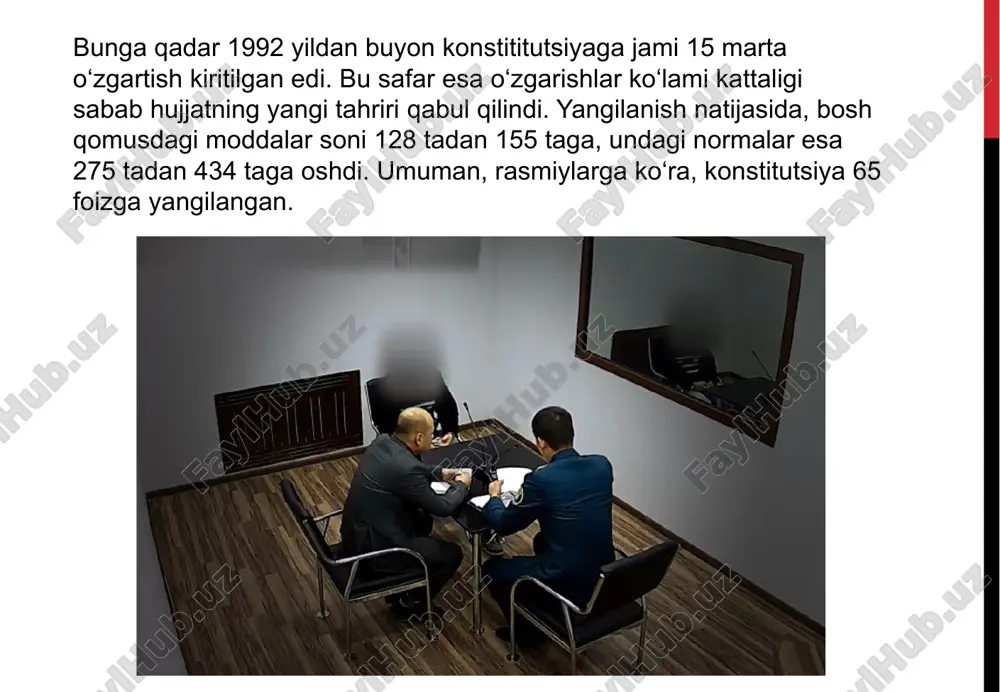aviy qo‘mitalarining tavsiyalarini bajarishga to‘sqinlik qilayotgan sabab va sharoitlarni aniqlash, tahlil qilish hamda bartaraf etish; o‘zbekiston respublikasining inson huquqlari bo‘yicha xalqaro majburiyatlarini bajarish sohasida o‘zbekiston respublikasi prezidenti huzuridagi jamoatchilik palatasi va fuqarolik jamiyati institutlari bilan samarali hamkorlikni amalga oshirish. 2. xalqaro tashkilotlar, jumladan bmtning ustav organlari va shartnomaviy qo‘mitalarining tavsiyalarini inobatga olgan holda, shuningdek, inson huquqlarini ta’minlash va himoya qilish bo‘yicha dolzarb masalalarni har tomonlama o‘rganish, amaldagi qonunchilik, huquqni qo‘llash amaliyoti va ilg‘or xorijiy tajribani tahlil qilish hamda keng jamoatchilik muhokamasi, xalqaro va milliy maslahatlashuvlar natijasida ishlab chiqilgan: inson huquqlari bo‘yicha o‘zbekiston respublikasining milliy strategiyasi (keyingi o‘rinlarda — milliy strategiya) 1-ilovaga muvofiq; inson huquqlari bo‘yicha o‘zbekiston respublikasining milliy strategiyasini amalga oshirish bo‘yicha “yo‘l xaritasi” (keyingi o‘rinlarda — “yo‘l xaritasi”) 2-ilovaga muvofiq; birlashgan millatlar tashkilotining inson huquqlari bo‘yicha ustav organlari va shartnomaviy qo‘mitalari xabarnomalari va qarorlarini ko‘rib chiqish yuzasidan o‘zbekiston respublikasi davlat organlarining o‘zaro hamkorlik qilish tartibi to‘g‘risidagi nizom 3-ilovaga muvofiq …