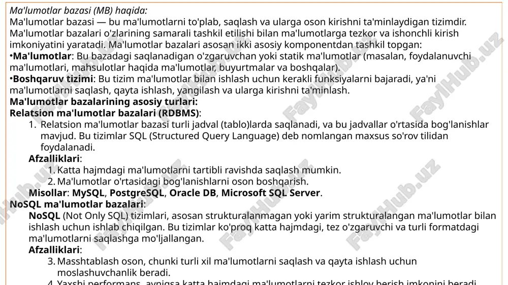 mdagi, tez o'zgaruvchi va turli formatdagi ma'lumotlarni saqlashga mo'ljallangan. afzalliklari: masshtablash oson, chunki turli xil ma'lumotlarni saqlash va qayta ishlash uchun moslashuvchanlik beradi. yaxshi performans, ayniqsa katta hajmdagi ma'lumotlarni tezkor ishlov berish imkonini beradi. 1. relatsion ma'lumotlar bazalari (rdbms) xususiyat rdbms (relatsion) struktura ma'lumotlar jadval shaklida (tablolar) saqlanadi. ma'lumotlar turlari odatda strukturalangan ma'lumotlar (raqamlar, matn, sana va boshqalar). bog'lanishlar jadval o'rtasida foreign key (chet el kalitlari) orqali bog'lanishlar mavjud. so'rovlar tili sql (structured query language) ishlatiladi. masshtablash odatda "vertikal masshtablash" (yangi resurslar qo'shish orqali). katta hajmli ma'lumotlar uchun sekinlashishi mumkin. afzalliklari - to'liq normalizatsiya va ma'lumotlarni yaxlit saqlash. - katta tashkilotlar va murakkab so'rovlar uchun samarali. kamchiliklari - noqonuniy yoki yarim strukturalangan ma'lumotlar bilan ishlashda qiyinchiliklar. - masshtablashda cheklovlar bo'lishi mumkin. 2. nosql ma'lumotlar bazalari xususiyat nosql struktura strukturalanmagan, yarim strukturalangan yoki o'zgaruvchan formatdagi ma'lumotlar (masalan, json, key-value, kolonna) saqlanadi. ma'lumotlar turlari odatda strukturasi moslashuvchan bo'lgan ma'lumotlar (masalan, json hujjatlari …