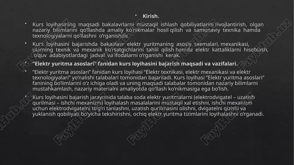 hadi deb qabul qilamiz: z =4 λ = z + 1√1 / ṙdv·i̇2 = bu yerda i̇2 = 0,88 a o’tish toki, u 20% gacha i̇ct tokdan katta olinadi. mustaqil(paralel) qo’zg’atishli o’zgarmas tor dvigatelini ishga tushirish xarakteristikalari. mustaqil qo’zg’atizli o’tdni tabiy va suniy mexanik xarakteristikasi elektr yuritmani reostatli ishga tushirishdagi o’tkinchi jarayonlarni hisoblash. bu tenglamalarni echimi o’tkinchi jarayondagi tezlik, tok va momrnt tenglamalarini beradi: =754 rad/sek =88,08 n*m bu erda,- tezlik, tok va momentni turg’un qiymatlari; - tezlik, tok va momentni boshlangich qiymatlari; t – o’tkinchi jarayon vaqti; tm - o’tkinchi jarayonning vaqtining doyimiysi. t,sek 0,375 0,75 1,5 3 m,nm 491 582 685 754 ,rad\sek 55 65,7 78 88,08 elektr yuritmani reostatli ishga tushirishdagi o’tkinchi jarayon grafiklari. elektr yuritmasi ishga tushirishdagi o’tkichi jarayon grafigi xulosa men bu kurs loyihasini bajarish jarayonida sodda elektr yuritmalarni (elektrodvigatel – uzatish qurilmasi – ishchi mexanizm) loyihalash masalalarini mustaqil xal etishni, ishchi mexanizm uchun elektrodvigatelni …