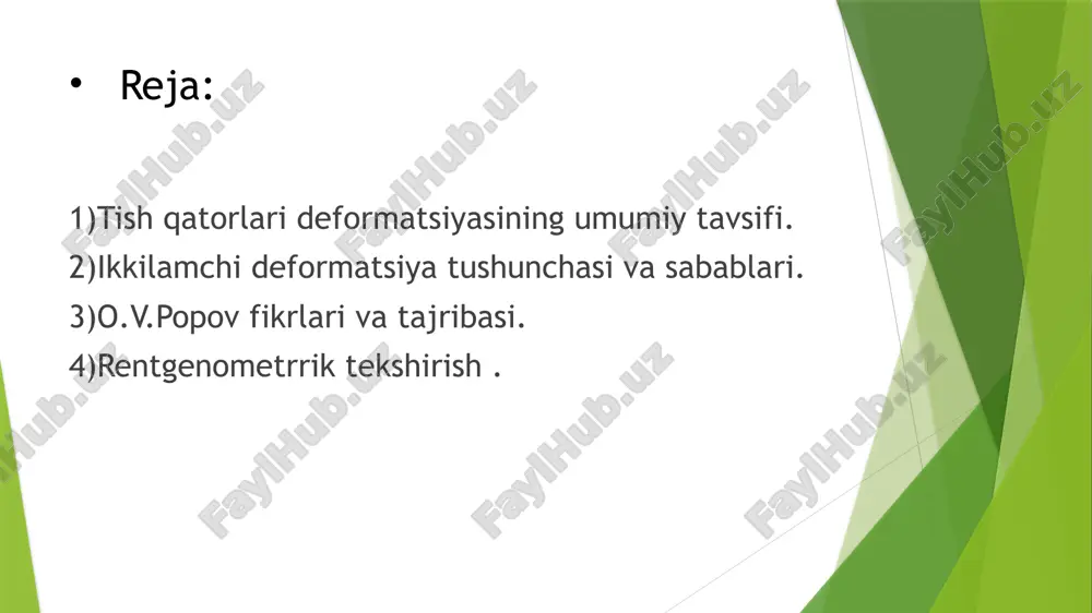 hlarning funksional zoʻrqishi: a)tishlarning vertikal ogʻishi natijasida va b)tishlarning vertikal-distal ogʻishi natijasida. tish qatorlari deformatsiyasi kattalarga kattalarga qaraganda,bollarda tezroq rivojlanadi.tishlarning siljishi oʻtgan vaqtga bogʻliq-tish olib tashlangan lahzadan boshlab,qancha koʻp vaqt oʻtsa,siljish shuncha koʻproq aks etadi.shu sababli oʻta chuqur deformatsiyalar tishlarini ancha ilgari yoʻqotgan va protezlardan foydalanilmagan katta yoshdagilarda uchraydi. a)chaynov tishlarning konvergensiyasi natijasida tishlar orasida oʻta mahkam chipslashuvi;2)vertikal surilgan tishning qoʻshni tishlar bn siqilib qolishi. rentgenometrik tekshirishlar shuni koʻrsatadiki ,tish qatorlari deformatsiyasi yuzning barcha gnatik boʻlimlarini egallagan jagʻ holatining oʻzgarishi,kurak tishlarning yopilish chuqurligi pastki jagʻning distal surilishi va boshqa oʻzgarishlar alveolyar qismdan tashqariga chiqadi. rentgenogramma chizmasi:soʻrilgan tishlarning qattiq toʻqimasini charxlashni moʻljallash chiziqlari. xulosa deformatsiyalar chaynash, gapirish va yuz estetikasi bilan bog‘liq muammolarni keltirib chiqarishi mumkin, bu esa insonning hayot sifatiga salbiy ta’sir qiladi. shuning uchun, o‘z vaqtida tashxis qo‘yish va davolash muhimdir. ortodontik davolash, protezlash va jarrohlik usullari orqali deformatsiyalar muvaffaqiyatli tuzatilishi mumkin. foydalanilgan adabiyotlar x.i. irsaliyev m.v.bekmetov internet malumotlari …