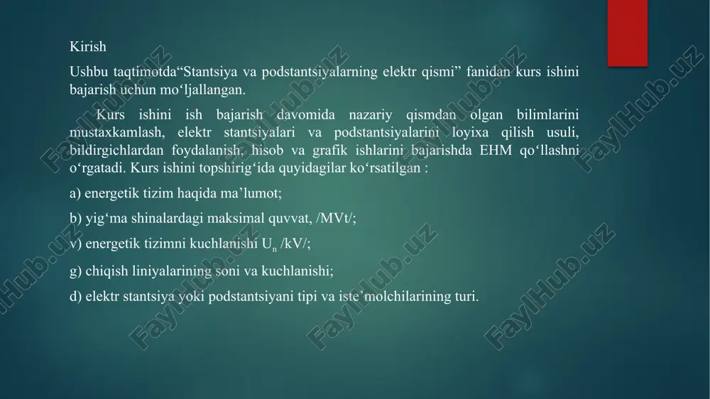 hkil etuvchisini boshlangʻich miqdori ipo aniqlanadi. soʻngra zarbiy to k va zarurat tugʻilsa, berilgan vaqt momenti t uchun qisqa tutashuv tokining davriy va boshlangʻich tashkil etuvchisi aniqlanadi. 110 kv 10 kv tp-1 tp-2 yuk pk k-1 k-2 qisqa tutashuv tokini hisoblash elektr tizim sxemasi podstansiyalarni elektr jihozlarini tanlash. tanlangan bosh sxemaga asosan elektr jihozlarini soni aniqlanadi. elektr apparatlarini tanlash kataloglar yordamida elektr qurilmaning normal rejimdagi ko‘rsatgichlari bo‘yicha bajariladi. qabul qilingan apparatni ulanish nuqtasidagi maksimal qisqa tutashuv toki ta’siri bo‘yicha tekshirib ko‘rinishi zarur. albatta, katalog bo‘yicha tanlangan apparatlarning parametrlari(nominal kuchlanishi va toki) elektr qurilmaning ekspluatatsiya sharoitidagi kuchlanish va tok miqdorlariga teng yoki katta bo‘lishi kerak. aniq apparatlarni ma’lum ish rejim sharoitlari uchun qabul qilinganda ko‘plab omillarni hisobga olishga to‘g’ri keladi. biz bulardan faqat apparatlarni qisqa tutashuv toki ta’siriga chidamligiga e’tibor beramiz, yani apparatlarning turg’unligini hisobga olamiz. aniq apparatlarni ma’lum ish rejim sharoitlari uchun qabul qilinganda ko‘plab omillarni hisobga olishga to‘g‘ri keladi. …