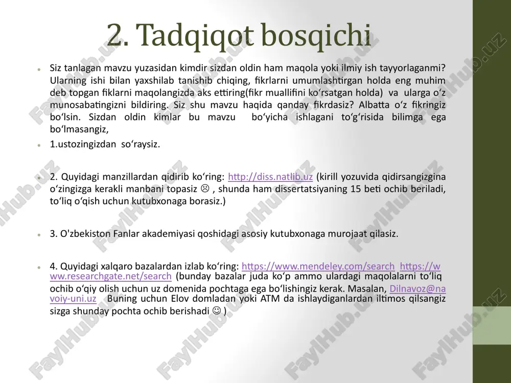 mla_style/mla_formatting_and_style_guide/mla_in_text_citations_the_basics.html harvard (havola berishning garvard formati) https://www.mendeley.com/guides/harvard-citation-guide apa (american psychological association) https://owl.purdue.edu/owl/research_and_citation/apa_style/apa_formatting_and_style_guide/in_text_citations_the_basics.html (bu havolar orqali tizim haqida batafsil bilib olishingiz va avtomatik havola generatoridan foydalanishingiz mumkin generatorga kerakli ma’lumotlarni yozasiz uning o‘zi tizim bo‘yicha tartiblab yozib beradi. tayyor havolani adabiyotlar ro‘yxatiga ko‘chirib qo‘yasiz) apa tizimida havola berish tartibi 1. bu tizimda muallif nomi, nashr etilgan yil va biz fikr olgan sahifa matn ichida oddiy qavs bilan beriladi. masalan, talabalar ilk bora apa tizimidan foydalanganda qiyinchiliklarga duch kelishadi. (najimova, 2022, 10-bet) agar muallif ikkita, 3 ta, 4 va undan ortiq bo‘lsa quyidagicha beriladi: (najimova, rustamova, 2022, 10-bet) (najimova, rustamova va karimova, 2022, 10-bet) (najimova va boshq, 2022, 10-bet) muallif fikrini aynan keltirmaganda quyidagicha yozish mumkin: najimovaning (2022) ta’kidlashicha, talabalar ilk bora apa tizimidan foydalanganda qiyinchiliklarga duch kelishadi (10-bet). apa tizimida havola berish tartibi agar bir muallifning bir necha ishidan foydalanilsa bu a, b, c yozuvlari bilan ajratib beriladi: (najimova, 2022a) yoki …