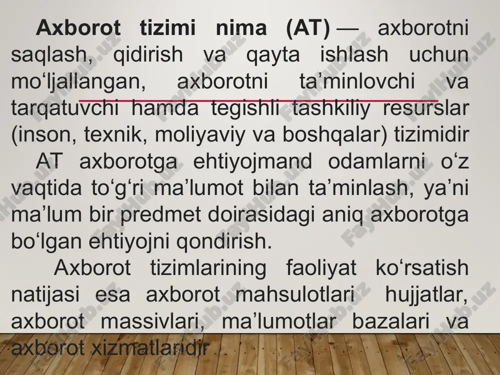 kommunikatsiya vositalaridan foydalanish texnologiyasiga aytiladi. ma'lumotlarni qayta ishlovchi axborot texnologiyalari xarakteristikasi va qo'llanilishi ma'lumotlarni qayta ishlovchi axborot texnologiyalari, oldindan mavjud bo'lgan ma'lumotlar va algoritmlar ustida boshqa standart protseduralarga ega bo'lgan topshiriqlar bajarish uchun xizmat qiladi bu texnologiya yuqori malakaga ega bo'lmagan foydalanuvchilarda ko'p uchraydigan qiyin vazifalarni bajaradi axborot texnologiyalarining asosiy turlari ma'lumotlarni qayta ishlovchi axborot texnologiyalari asosiy komponentlari ma'lumotlar bazasi ma'lumotlarni qayta ishlash guruxlarga bo'lish tartiblash qisqar-tirish hisoblash hisobot tayyorlash dav-riy so'rov asosida ma'lumot yig'ish tashqi muhitdan olinadigan ma'lumotlar tayyor axborot ma'lumki barcha tashkilot va firmalar tovar ishlab chiqaradi yoki xizmat ko'rsatadi. har bir bajarilgan vazifalar ma'lumotlarni yozish (ruyoxatga olish) bilan kuzatib boriladi. shu sababli ma'lumotlar yig'iladi va paydo bo'ladi ma'lumotlardan foydalanib yangi axborot olish uchun quyidagi operatsiyalar bajariladi sinflarga va guruxlarga bo'lish. boshlang'ich ma'lumotlar odatda kod yoki simvollar bilan ifodalanadi. bu kodlar ma'lum ob'ektlarning belgilari hisoblanishi mumkin. kodlarni sinflarga ajratish esa o'z navbatida ob'ektlarni ma'lum bir guruxlarga ajratadi. bu …