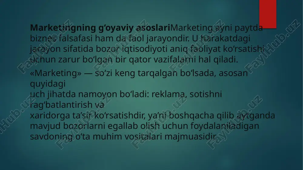 yangi paydo bo‘lgan savdo markalarini qo‘llab-quvvatlash, savdo-sotiq shartlari va hokazolar haqida axborot berishdan iborat. 6. tovar foydalanilgandan yoki iste’mol qilingandan so‘ng iste’molchilarning qoniqish hosil qilgan yoki qilmaganligini tekshirish ishlab chiqaruvchiga taklifni ularga moslashtirishga imkon beradi. image2.png image3.png image4.png image5.png /docprops/thumbnail.jpeg