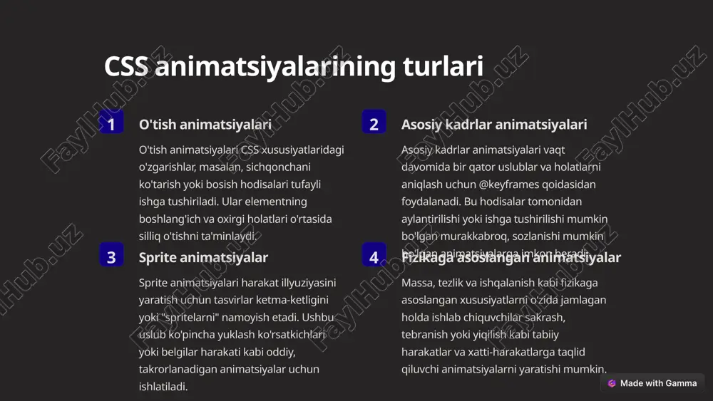 n osongina silliq, sezgir animatsiyalarni yaratishi mumkin. intuitiv shovqinlar o'tish animatsiyalari ko'pincha sichqonchani ko'tarish effektlari, tugmalarni bosish va shakl maydonini o'zgartirish kabi foydalanuvchilarning o'zaro ta'sirini yaxshilash uchun ishlatiladi. vizual fikr-mulohazalarni taqdim etish orqali ushbu animatsiyalar foydalanuvchilarga interfeys ularning harakatlariga qanday javob berishini tushunishga yordam beradi va umumiy foydalanuvchi tajribasini yaxshilaydi. ishlashni optimallashtirish o'tish animatsiyalari odatda asosiy kadr animatsiyalariga qaraganda engilroq va samaraliroqdir, chunki ular faqat o'zgaruvchan xususiyatlarni jonlantirishi kerak. bu ularni ishlash uchun muhim ilovalar uchun yoki ko'p sonli elementlarni animatsiya qilish uchun ajoyib tanlov qiladi. 5 maxsus xususiyatlarni jonlantirish lavozim chap, o'ng, yuqori va pastki kabi xususiyatlardan foydalangan holda elementning o'rnini animatsiya qilish, ta'sirchan harakat va qayta joylashtirish effektlarini yaratishi mumkin. o'zgartiradi masshtab, aylantirish va tarjima qilish kabi css konvertatsiyalari murakkab, vizual tarzda ajoyib animatsiyalarni yaratish uchun qurilish bloklarini ta'minlaydi. shaffoflik elementning noaniqligini animatsiya qilish, ko'pincha diqqatni tortuvchi yorug'lik yoki nozik o'tishlar uchun ishlatiladigan o'chadigan, o'chadigan va boshqa shaffoflikka …