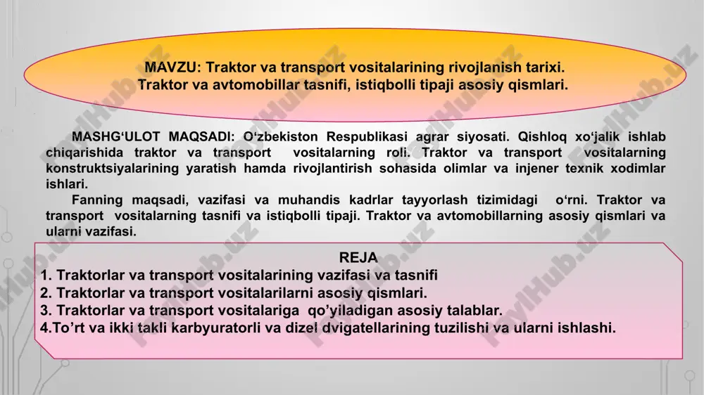 siz traktorlar ostovi traktor transmissiya mexanizmlarning birlashtirish natijasida hosil bo’ladi (t-25a) traktorlarni tortish kuchiga qarab: 2,0 kn tortish kuchiga- ega bo’lgan sinfga asosan kam quvvat talab etadigan jarayonlarni (bog’dorchilik, sabzavotchilik va parniklar) bajarish uchun piyoda yurib boshqariladigan traktorlar kiradi. 6,0 kn tortish kuchiga- ega bo’lgan sinfga ikki tsilindrli, dizel havo bilan sovitiladigan, quvvati 25 o.k. gacha bo’lgan dizel dvigatelli traktorlar kiradi. 9,0 kn tortish kuchiga- ega bo’lgan sinfga dvigatelning quvvati 50 o.k.gacha bo’lgan traktorlar kiradi. bu traktorlar universal bo’lganligi sababli keng miqiyosda, turli jarayonlarni bajarishda ishlatiladi. 14,0 kn tortish kuchiga- ega bo’lgan traktorlar juda keng tarqalgan. dvigatelning quvvati 75-80 o.k. ga teng bo’lgan mtz-80 traktori bu sinfning bazaviy modeli hisoblanadi. 20,0 kn tortish kuchiga- ega bo’lgan traktorlar asosan lavlagi yetishtirishda, uzumchilik va bog’dorchilikda ishlatishga mo’jallangan bo’lib, t-70s markali bo’lgan traktorlar mansubdir. 30,0 kn tortish kuchiga- ega bo’lgan traktorlar asosiy ishlarni bajarish ya’ni yer xaydash, ekish, yer yuziga ishlov berish, yig’im-terim …