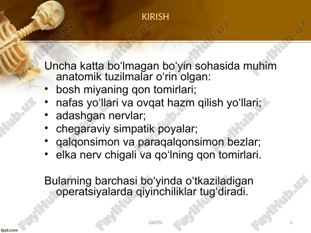 roticum (sinus caroticum, glomus caroticum, uyqu arteriyalaridagi operatsiyalar). gid70 14 til osti ustki- va til osti pastki sohalar traxeostomiya. uyqu arteriyalarini bog‘lash. til arteriyasini bog‘lash. jag‘ osti flegmonasini ochish. uyqu arteriyalarida operatsiyalar. gid70 15 umumiy uyqu arteriyasi bifurkasiyasi (glomus caroticum, sinus caroticus). innervatsiya: adashag nerv, bo‘yin simpatik poyasi, til-halqum nervi. o‘smalar: feoxromotsitomalar, paragangliomlar (arterial bosimni pasaytiradi va bradikardiyaga olib keladi). gid70 16 ekstrakranial arteriyalar. rekonstruktiv operatsiyalar: okklyuziya, tromboz. gid70 17 boʻyinning tugʻma nuqsonlari oqma va kistalar: - tractus thyreoglossus obliteratsiyasi buzilishi – o‘rta oqmalar; - ductus thyreopharyngeus obliteratsiyasi buzilishi – jabra cho‘ntaklari obliteratsiyasi buzilishi sababli yon oqmalar. gid70 18 bo‘yin tug‘ma oqmalari va kistalaridagi operatsiyalar gid70 19 traxeotomiyaga koʻrsatmalar: nafas yo‘llaridagi yot jismlar; nafas yo‘llari o‘tkazuvchanligi buzilishi; hiqildoq va kekirdakning o‘tkir stenozlari; spesifik infektsion jarayonlardagi stenozlar; 6. nospesifik yallig‘lanish jarayonlaridagi stenozlar; 7. o‘smalar sababli stenozlar; 8. anevrizma, yallig‘lanish va struma bilan kekirdak siqilishi; 9. kekirdak kuyishlari; 10. allergik stenoz (o‘tkir …