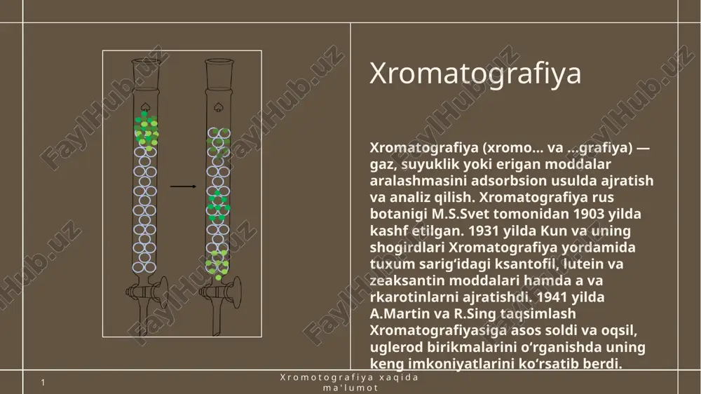 vchi solingan petri idishida diametri 2mm kattalikda tirqish bo‘ladi. aniqlanuvchi modda qog‘ozga tomiziladi. tirqishga filtr qog‘oz o‘rnatiladi va erituvchiga solinadi. xromatogrammada hosil bo‘lgan dog‘lar 2 xil usulda ochiladi: kimyoviy va fizikaviy. 6 xromatografiyalash uslubi 20gg 8 xromatografiya uslubi kimyoviy usul. plastinkalar reaktivlar bilan purkaladi (purkagich yordamida) va rangli dog‘lar hosil bo‘ladi. plastinkalardagi dog‘lami yodning bug‘lari bilan ishlash yordamida ham aniqlash mumkin. fizikaviy usul. ba‘zi moddalar o‘z tarkibida xromofor guruhlarni saqlagani uchun ub-nurda tovlanadi (flyuoressensiyalanadi). agar moddalar tovlanmaydigan bo‘lsa, unda sorbent tayyorlanayotganda flyuoressen indikatori yoki zns qo‘shiladi. ba‘zida, masalan radioaktiv modda dog‘larini aniqlashda, sorbent qatlamidan erituvchi uchib ketganidan keyin unga fotosezgir plenka yoki qog‘oz yopishtiriladi, ma‘lum vaqt o‘tgandan keyin plenka yoki qog‘ozda radioaktiv moddalarning qora dog‘i hosil bo‘ladi. 7 xromatografiyalash uslubi 20gg 9 uch xil xususiyat uchun xromatografik tahlil: 1. ajratish mexanizmi. 2. tajriba tamoyili. 3. ko'chma va statsionar fazalarning birlashgan holatiga ko'ra tasniflanadi 10 zagolovok prezentatsii 20gg xromatografiyaning tasnifi ajratish …