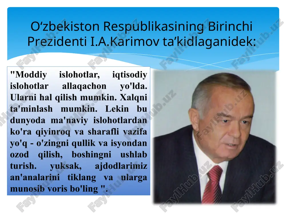 abbat va g'amxo'rlik vatanga, ona yurtga muhabbat kattalarga hurmat sabr va chidamlilik tinchlik mehmondo’stlilik ota-onalarga va boshqalarga hurmat rahm-shafqat va saxovat ayolga - onaga hurmat mehribonlik va kamtarlik "din ... o'ziga singib ketgan, umuminsoniy axloq me'yorlarini aks ettirgan, ularni umumiy majburiy xulq-atvor qoidalariga aylantirgan, madaniyatga sezilarli ta'sir ko'rsatgan, insonning izolyatsiyasini, uning boshqa odamlardan begonalashishini engib o'tishga hissa qo'shgan va yordam beradi. " i. a. karimov diniy qadriyatlarning tiklanishi shaxsning axloqiy tarbiyasi tarixiy va madaniy qadriyatlarni o'tkazish siyosiy va ijtimoiy hayotda ishtirok etish yuksak ma'naviyatni shakllantirish millatning ma'naviy tiklanishida dinning roli ma'naviy hayotni rivojlantirish uchun moddiy baza o‘zbekiston respublikasi madaniyat va sport ishlari vazirligi tizimi quyidagilardan iborat: 1993-yil 11-dekabr – yunesko qarori bilan buxoroning tarixiy markazi butunjahon merosi ro‘yxatiga kiritildi. 1997 yil 18-19 oktyabrda buxoro shahrining 2500 yilligiga bag'ishlangan tantanali marosim bo'lib o'tdi. “insoniyatning uchinchi ming yillikdagi ilmiy-madaniy merosi” xalqaro simpoziumi bo‘lib o‘tdi. 1997 yil 20 oktabr - xiva shahrining 2500 …