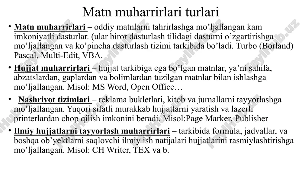 gi ramzlar ketma-ketligi. abzats – o’zaro enter bilan azratilgan satr va ramzlar to’plami. sahifa – sahfani bo’lish chiziqlari bilan chegaralangan matn bo’lagi. kolontitul real sahifa mantiqiy sahifa o’ng maydon kolontitul – ma’lumot shaklidagi axborotni saqlovchi doimiy takrorlanuvchi matn real sahifa – qog’oz sahifasi o’lchami. mantiqiy sahifa – matnni chop qilish uchun mo’ljallangan sahifa qismi. maydon – qog’oz sahifasi atroflaridan ajratilgan chegara. sahifa ko’rinishi (orientatsiya) matnni tahrirlash srift – ramzlarning biror aniqlikdagi qiyaligi. times new roman algerian broadway harlow solid italic matura mt script capitals swis721 blkoul bt shrift o’lchami shrift o’lchami – boshqachasiga kegl deb ataladi. kegl (sriftning shartli o’lchami) – ramzlarning eng quyi niqtasidan eng yuqori nuqtasigacha bo’lgan masofa. kegl punkt o’lchov birligi yordamida o’lchanadi. 1 punt= ~0,035 sm ~0,35 mm ga teng. ramzlar qiyaligi va ko’rinishi yo’g’on (jirniy) qiya (kursiv) tagi chizilgan (podcherknutiy) usti chizilgan (zacherknutiy) quyi yuqori index soya (ten) matnni kiritish va formatlash qoidalari smaradorlikni oshirish …