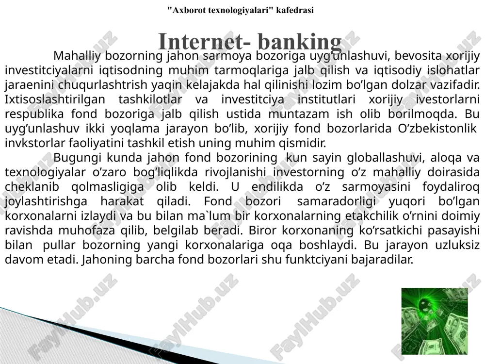 elektron to’lov tizimlari websum ipay paynet webmoney intellectmoney perfect money rbk money v-money texnika vositalaridan, axborot texnologiyalaridan va axborot tizimlari xizmatlaridan foydalangan holda elektron to’lov hujjatlari vositasida naqd pulsiz hisob-kitoblarni amalga oshirish elektron to’lovdir. "axborot texnologiyalari" kafedrasi websum elektron to’lov tizimi websum – bu internet tarmog’i orqali bir zumda tovar yoki xizmatlarni sotish yoki xarid qilish imkonini beruvchi elektron to’lov tizimidir. websum elektron to’lov tizimini manzili: www.websum.uz "axborot texnologiyalari" kafedrasi internet do’konlar va internet birja websum elektron to’lov tizimidan foydalanadigan internet do’konlar. "axborot texnologiyalari" kafedrasi visa va mastercard kartalari visa kartalari bo’yicha yillik savdo aylanmasi 4,8 trillion aqsh dollarini tashkil qiladi. visa kartalari dunyoning 200 dan ortiq mamlakatlarida qabul kilinadi. dunyoda to’lov kartalarining 57% visa kartalari tashkil qiladi, asosiy raqobatchilari mastercard 26% va american express 13% tashkil qiladi. mastercard worldwide – dunyoning 210 mamlakatlaridagi 22 ming moliyaviy tashkilotlarni birlashtirgan xalqaro to’lov tizimi hisoblanadi. bosh ofisi aqshning nyu-york shaxrida joylashgan. visa …
