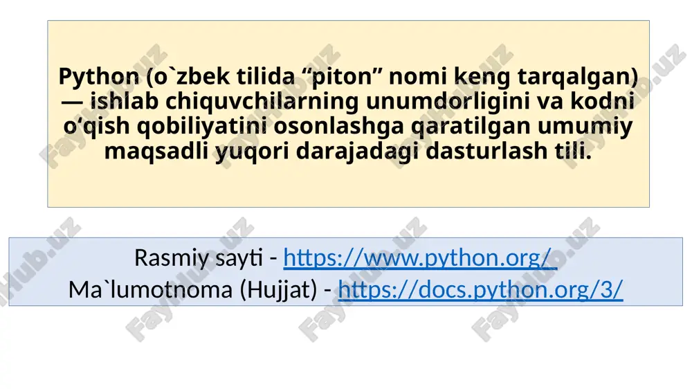 iyalar mavjud emas, bu sizga ko'rsatmalar guruhini bitta blokga birlashtirish imkonini beradi. 15 ma`lumotlar tipi python tilida bir necha tiplarni ajratish mumkin: butun sonlar, butun bo`lmagan sonlar(kasrli), qatorlar, mantiqiy. har bir o`zgaruvchining tipi dasturni bajarilishi davomida o`zgarishi mumkin. o`zgaruvchi qanday tipda ekanligini bilish uchun type() buyrug`idan foydalanish mumkin. 16 o`zgaruvchi o'zgaruvchi - bu dasturning oraliq yoki yakuniy natijasi saqlanishi mumkin bo'lgan eng oddiy nomlangan ma'lumotlar strukturasi. pythonda o'zgaruvchini yaratish juda oson - siz tayinlash operatori "=" yordamida ba'zi identifikatorga qiymat berishingiz kerak. 17 o`zgaruvchi misol a = 10 b = 3.1415926 c = “hello” d = [1, 2, 3] ushbu misolda 4 ta o`zgaruvchi ishlatilgan : a o`zgaruvchisi int tipidagi qiymatni saqlaydi(butun son), b o`zgaruvchi float tipidagi qiyamtni saqlaydi(kasrli son), c o`zgaruvchisi str tipidagi qiymatni saqlaydi(satr), d o`zgaruvchisi esa list tipidagi qiymatlarni saqlaydi(ro`yxat, ushbu misolda 3 ta sonni). 18 o`zgaruvchi o'zgaruvchilarning maxsus e`lon qilish talab qilinmaydi, o'zgaruvchiga qiymatning birinchi tayinlanishi …