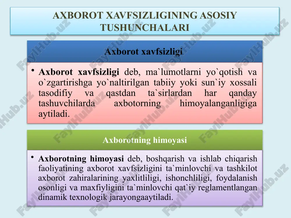ydalanuvchi, jarayon yoki qurilmaning haqiqiy ekanligini tekshirish amali. bu tekshirish foydalanuvchi (jarayon yoki qurilma) haqiqatdan aynan o’zi ekanligiga ishonch hosil qilishiga imkon beradi. odatda foydalanuvchi tizimga o’z xususidagi noyob, boshqalarga ma’lum bo’lmagan axborotni (masalan, parol yoki sertifikat) kiritishi orqali identifikasiyani tasdiqlaydi. avtorizasiya (authorization) – sub’yektga tizimda ma’lum vakolat va resurslarni berish muolajasi, yani avtorizasiya subyekt harakati doirasini va u foydalanadigan resurslarni belgilaydi. agar tizim avtorizasiyalangan shaxsdan ishonchli ajrata olmasa bu tizimda axborotning konfidensialligi va yaxlitligi buzulishi mumkin. foydalanuvchilarni biometrik autentifikatsiyalash foydalanuvchini autentifikatsiyalashda faol ishlatiladigan biometrik algoritmlar quyidagilar: barmoq izlari; qo’l panjasining geometrik shakli; yuzning shakli va o’lchamlari; ovoz xususiyatlari; ko’z yoyi va to’r pardasining naqshi. protsedurali dasturiy-apparat axborot-kommunikasiya tizimlari xavfsizligini ta’minlashning kompleksligi qonuniy ma’muriy qonuniy – qonunlar, normativ, aktlar, standartlar; ma’muriy- tashkilot boshqarmasi qabul qilgan, umumiy xarakterdagi harakatlar ; muolajaviy (protseduraviy – personal tomonidan amalga oshiriladi); dasturiy-texnik (muayyan texnik choralari). axborot-kommunikasiya tizimlarini ta’minlashning huquqiy normalari aktning huquqiy ta’minoti xalqaro huquqiy …