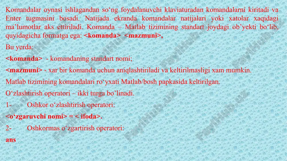 ish va hokazolar) uchun standart panelida joylashgan quyidagi tugmalar bosiladi: formatting panelidagi tugmalar tarkibi tanlashimiz math panelining tarkibiy tuzulishi math dasturida ikki o’lchamli grafiklar yasash dasturlash elementlaridagi har bir operatorning vazifasi. · add line – qora uzun vertikal chiziqdan iborat bo’lib, chiziqdan o’ng tomonda dasturni yozish uchun joy ajratadi va dasturni boshi va oxirini bildiradi. ·← - lokal o’zlashtirish operatori. ·if – shart operatori. ·for – takrorlash operatori. ·while- shartli takrorlash operatori. ·otherwise- boshqa hollarda. ·break – to’xtatish. ·continue- davom ettirish. ·return- qaytarish. ·on error- xatolik. e’tiboringiz uchun raxmat! image1.jpeg image2.png image3.png image4.png image5.png image6.png image7.png image8.png /docprops/thumbnail.jpeg