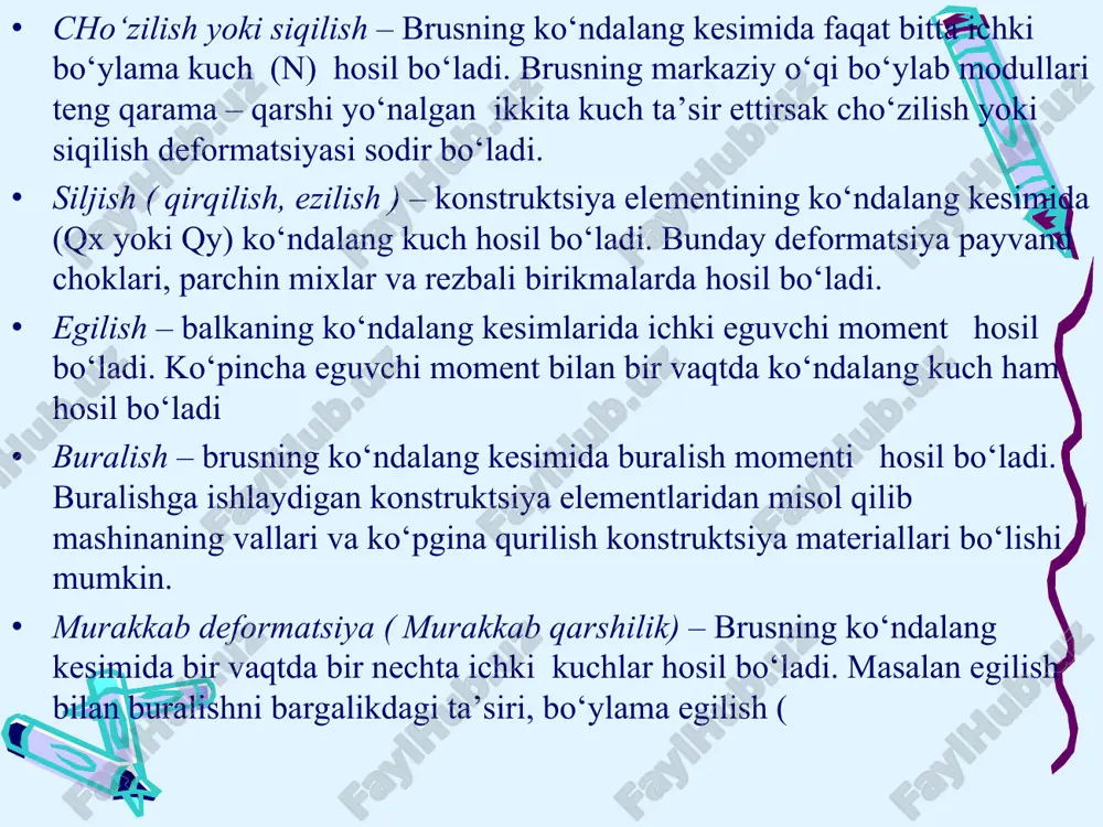 qz musbat, aks holda manfiy bo‘ladi. shakl. bo‘ylama kuch nx balkaning kesimini cho‘zsa-musbat, siqsa-manfiy olinadi. eguvchi moment, kesuvchi va bo‘ylama kuchlarning balka o‘qi bo‘ylab o‘zgarish qonunini ko‘rsatuvchi grafikcha ularning epyuralari deyiladi. bu epyuralar balkaning qanday kesimlarida mx va qx kuchlarning maksimal qiymatga erishganligini aniq ko‘rsatadi. σx =n1 – p1 = 0; n1 = p1 σx3 = p2 – p1 -2p3 + n3 = 0; n3 = p1 +2p3 – p2 topilgan n1, n2 va n3 — qiymatlarni grafik ravishda tasvirlasak, eng katta kuch to'g'ri kelgan kesimni topish kiyin bo'lmaydi. sterjeining uzunligi bo'yicha ichki kuch o'zgarishini ko'rsatadigan grafik ichki kuch epyurasi yoki bo'ylama kuch epyurasi deyiladi. ichki kuch epyurasini qurish uchun sterjen yonidan sterjen o'qiga parallel av to'g'ri chizig'i o'tkaziladi. so'ngra sterjenning uchastka belgilaridan gorizontal chiziqlar o'tkaziladi. ichki kuchning qiymati musbat bo'lsa, av chizig'ining o'ng tomoniga, manfiy bo'lsa, chap tomoniga uchsatkalarni ajratuvchi gorizontal chiziq bo'ylab ma'lum masshtabda qo'yiladi . ichki kuch …
