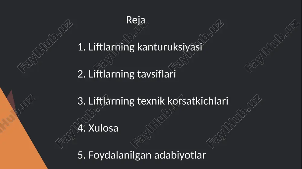 ningdek, foydalaniladigan materiallar uning uzoq muddat xizmat qilishini va optimal ishlashini ta'minlaydi. 1. m. k. anikin, v. n. zelenin, "liftlar va eskalatorlar", 2010 — lift texnologiyalari va konstruktsiyalari haqida asosiy ma'lumotlar. 2. v. g. orlov, "liftlar va eskalatorlar tizimlari", 2008 — lift va eskalator tizimlarining texnikasini va xavfsizlikni ko‘rib chiqadi. 3. www.ziyonet.com 4. www.tecno olam.com 5. foydalanilgan adabiyotlar eʼtiboringiz uchun tashakkur image1.jpeg image2.png image3.jpeg image4.jpeg image5.jpeg image6.png image7.png image8.jpeg