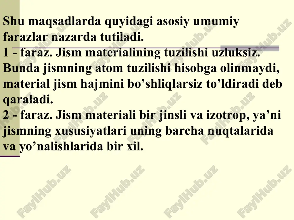 sh usuli. arra- lovchi mashina, o't o'chiruvchi nasos qurilmalari bo'yicha ekspert, moskva kolokolini ko'tarishda, niva daryosidagi bir arkali ko'prikni mahkamlashda, dengiz qirg'oqlari qurilishining mas- lahatchisi bo'lgan. mustahkamlik ilmida elastik sistemaning muvozanat- lashgan ustuvorligini izlanish usulining muallifi texnikaning rivojida o'rta osiyo olimlaridan mashkur abu ali al xusayn ibn abdullox ibn sinoning (980-1087) «aql mezoni» asarida keltirilgan oddiy sistemalar, ya'ni chigiriklar, richaglar, bloklar, vintlar va ponalardan tuzilgan mexanizmlarning qismlarini mustahkamlik hisobi, ishlash printsipi va yasash metodining bayon etishi, abu yusuf al-xorazmiy (x asr) ning «ilmlarning kaliti» nomli kitobi ismoil al jozoirning (xii – xiii asr) «injenerlik mexaniqasini bilish» kitob materiallar qarshiligi fanini fan sifatida tanilishiga turtki bo'lganligini ko'rish mumkin. keginchalik ital'yan olimi leonardo da vinchi materiallar va ularning mustahkamligi to'g'risida fikr yuritgan va tajribalar o'tkazgan. lekin ko'p vaqtgacha keng ommaga tarqalmagan. «materiallarning mustahkamligi to'g'risida» gi kitob 1638 yili itol'yan olimi galileo goliley tomonidan yozildi. materiallar qarshiligi fanining rivojlanishiga xyiii asrda r.guk, ya.bernulli, …
