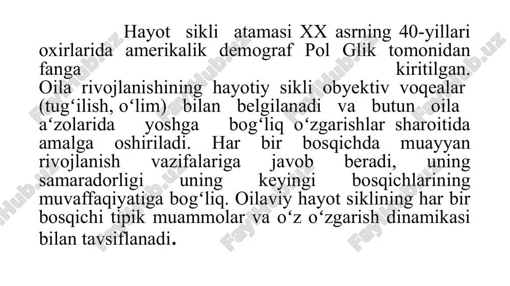 yotiy masalalarni yoshlar oʻzlaricha, oʻz bilganlaricha xal qila boshlaydilar. 6-bosqich. keksalikning dastlabki belgilari - tanada keksalik alomatlari, klimakterik xolatlarning kelib chiqishi bosqichida inson qalbi qarimasada, ayrim jismoniy quvvatsizliklar paydo boʻladi. 7 - bosqich. oilaviy siklining tugashi odatda turmush oʻrtoqlardan birining oʻlimi bilan boshlanadi. er-xotinlarning tirik qolgani beva boʻlib qolishi munosabati bilan u ham yangicha rollar tizigmiga kiradi. umr yo'ldoshini tanlash nazariyalari nikoh oldi omillari u yoki bu nikohning yuzaga kelishiga asos bo‘lgan ko‘plab ijtimoiy, iqtisodiy, biologik, fiziologik, ma’naviy, axloqiy va bugungi kunimiz uchun eng muhim hisoblangan psixologik omillarni o‘zida mujasamlashtirgan, ko‘p qirrali omillar kompleksidan iborat bo‘lib, oila qurayotgan yoshlarning o‘zlari qurayotgan birgalikdagi turmushga qay darajada “yetilgan”liklarini belgilab beradi. nikohga yetuklik tushunchasi o‘ta murakkab va nisbiy tushunchadir. chunki odam doimo rivojlanib, takomillashib boruvchi, kasb-hunar faoliyatida yoki ma’naviy va axloqiy rivojlanishida muntazam yangidan-yangi cho‘qqilarga erishib boruvchi mavjudotdir. agar insonni u yoki bu faoliyatiga “to‘la yetuklik” xususida gapiradigan bo‘linsa, demak bu uning ma’lum …