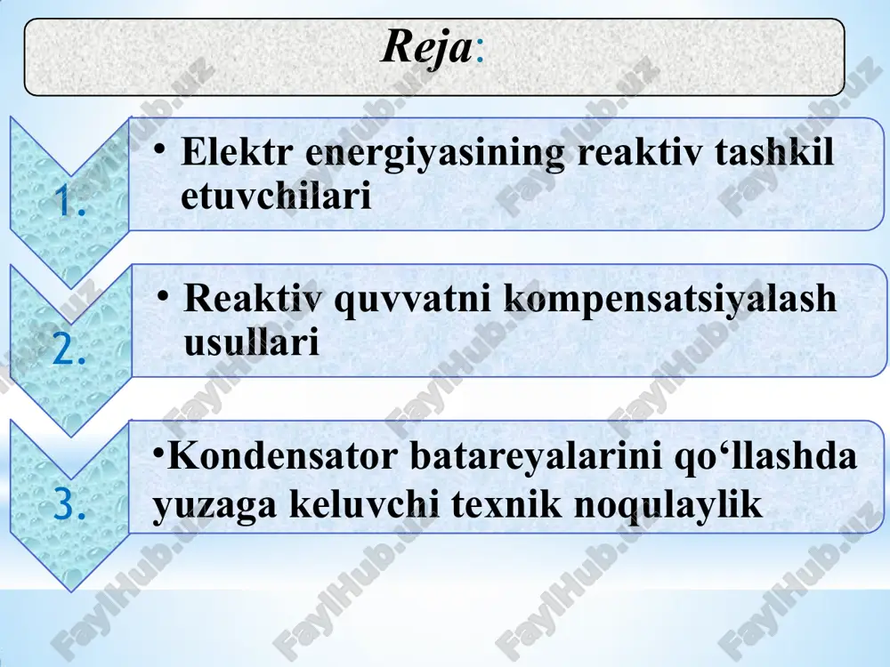 rmoqdagi kuchlanish o‘zgaradi. bo‘layotgan bo‘lsa, tarmoqdagi kuchlanish oshadi bo‘layotgan bo‘lsa, tarmoqdagi kuchlanish pasayadi elektr stansiyalarida ishlab chiqarilayotgan reaktiv quvvat yetarli emas. shuning uchun iste’molchilarga kerak bo‘lgan reaktiv quvvatini 2/3 qismi kompensatsiyalovchi qurilmalar yordamida 1/3 qismi elektr tarmoqlardan olinadi. kompensatsiyalovchi qurilmalarni (kondensator batareyalari) o‘rnatish bilan liniyadagi kuchlanish yo‘qolishi kamayadi bu yerda: r,x – liniyaning aktiv va reaktiv qarshiligi; σr - liniyadagi aktiv quvvatlarning yig‘indisi, kvt; σq - liniyadagi reaktiv quvvatlarning yig‘indisi, kvar; σqkk - kompensatsiyalovchi qurilmalarning reaktiv quvvatlari yig‘indisi, kvar. kuchlanishni nominal miqdoriga nisbatan o‘zgarishi yuklanish grafiki bilan bog‘liqdir. hisobiy aktiv pxis. va reaktiv qxis. yuklanishlar borligida kuchlanish yo‘qolishi quyidagi formula bilan aniqlanadi agarda tarmoq uzunligi l , simlarning qarshiliklari r0 va x0 ma’lum bo‘lsa reaktiv quvvat iste’moli natijasida asinxron motorda aylanuvchi magnit oqim hosil bo‘ladi va bu oqim yordamida statordan rotorga kerakli miqdorda aktiv quvvat ko‘chiriladi shuning bilan birgalikda reaktiv quvvat iste’mol qilinishining salbiy ta’sirlari bor - qo‘shimcha yuklangan transformator …