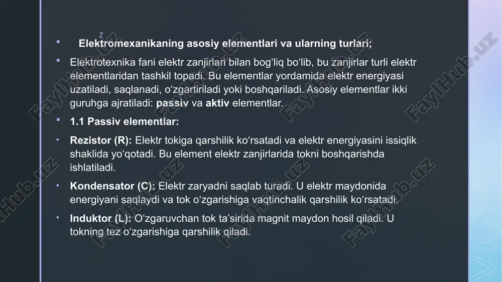 lab beradi. bu bosqichda elementni ifodalovchi asosiy qonun tanlanadi va u modellashtirishning negizini tashkil qiladi. uchinchi bosqich — elementning zanjirdagi o‘rnini hisobga olish. har bir element yakka holda emas, balki boshqa elementlar bilan birgalikda ishlaydi. agar ketma-ket ulanish bo‘lsa, umumiy tok barcha elementlar orqali bir xil o‘tadi. z parallel ulangan holatda esa umumiy kuchlanish bir xil bo‘ladi, lekin tok tarmoqlanadi. bu bosqichda tarmoqlar va tugunlar tahlil qilinadi hamda elementlarning qanday ulanayotganiga qarab umumiy munosabatlar tuziladi. to‘rtinchi bosqich — umumiy matematik tenglamani tuzish. yuqoridagi bilimlarga asoslanib, bir yoki bir nechta element ishtirokidagi elektr zanjiri uchun umumiy matematik ifoda yoziladi. bu ifoda ko‘pincha vaqtga bog‘liq differensial tenglama shaklida bo‘ladi. mazkur tenglama zanjirga berilgan kirish signaliga nisbatan tok yoki kuchlanish qanday o‘zgarishini ko‘rsatadi. misol uchun, rc zanjirida kuchlanish vaqt bo‘yicha kamayib boradi, rl zanjirda esa tok asta-sekin ortadi. beshinchi bosqich — model asosida tahlil qilish. tuzilgan tenglamalar yordamida elektr zanjirning harakati haqida batafsil …