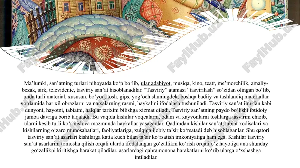 iyot so`z vositasida tasvirlaydi va shu tasvir orqali ifodalaydi. badiiy tilning eng muhim spetsifik xususiyatlari sifatida obrazlilik va emotsionallikni ko`rsatdik. badiiy asarda tasvirlanayotgan narsani jonli tasvirlash, his-tuyg`u va kechinmalarni yorqin ifodalashga xizmat qiluvchi vositalarni umumlashtirib "badiiy tasvir va ifoda vositalari" deb ataladi. avvalgi faslda aytilganidek, badiiy tasvir va ifoda vositalari badiiy tilning belgilovchi xususiyati emas, balki belgilovchi xususiyat bo`lmish obrazlilik(tasviriylik) va emotsionallikni kuchaytiruvchi unsurlardir. aytish kerakki, bu tushuncha adabiyotshunoslikda "poetik vositalar", "sintaktik figuralar", "stilistik figuralar" kabi nomlar bilan ham yuritiladi. shuni ham yodda tutish lozimki, bu vositalarning bunisi tasvir, bunisi ifoda vositasi deyishlik ham nomaqbul, chunki badiiy adabiyot so`z vositasida tasvirlaydi va shu tasvir orqali ifodalaydi. kompozitsiya so‘zi lotinchadan kompositio - yani predmetlarini bo‘laklarini solishtirib, ma’lum tartibda yaxlit joylashtirish, g‘oyaga muvofiq ijod qilish, bayon qilish, kompozitsiya tuzish demakdir. kompozitsiya kursi o‘quvchilarni mustaqil ijodiy va pedagogik faoliyatida obrazli fikr yurgazishida katta ahamiyatga egadir. kompozitsion fikrlashning asosini mantiqiylik, shakl aniqligi va ularning …