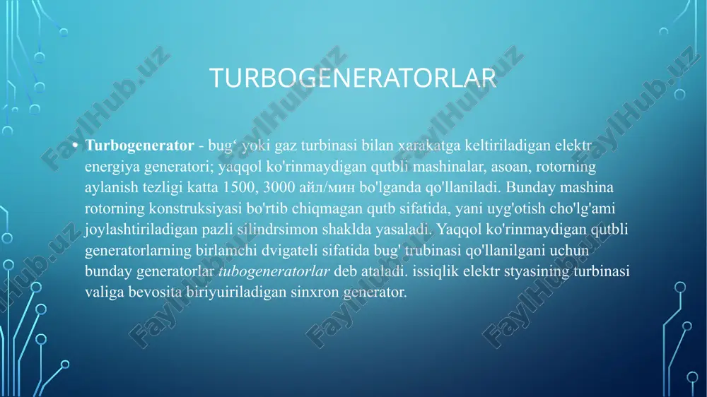 vchan tok elektr motori tomonidan boshqariladi va bir vaqtning o'zida bir nechta turbinali bloklarning zanjiriga zaxira sifatida kiritilgan. qo'zg'atuvchidan to'g'ridan-to'g'ri oqim generator rotoriga cho'tkalar va sirpanish halqalari orqali toymasin kontakt orqali beriladi. zamonaviy turbogeneratorlar tiristorni o'z-o'zidan qo'zg'atuvchi tizimlardan foydalanadi. bug 'turbinasi generatori bug 'turbogeneratori ishlashning ishonchliligini oshirdi, shu bilan birga ko'p soatlik ish vaqtida o'zining dizayn quvvatini doimiy ravishda rivojlantirdi. bunday zamonaviy qurilmalar 1300 mvtgacha quvvatga ega bo'lishi mumkin. ko'pincha bug 'turbinasi generatorlari parallel ravishda ishlashi mumkin. bunday holda, quvvatni bitta elektr pallasiga o'tkazish mumkin. bug 'turbogeneratori o'rnatilgan elektr stantsiyasining issiqlik samaradorligi to'g'ridan-to'g'ri hosil bo'lgan bug'ning issiqligidan foydalanishning termal tsiklining turlari va parametrlariga, shuningdek uskunaning o'ziga va uning xususiyatlariga bog'liq. ko'pincha yoqilg'i moyi yoki qattiq yoqilg'i ishlatiladigan sanoat qozonxonalarida kam quvvatli bug 'turbinali turbinali generator o'rnatiladi. bu erda turbinalar qozondan sanoat qazib olish yoki issiqlik almashtirgichgacha bo'lgan bosim farqiga asoslanib, kamaytirish-sovutish moslamalari uchun drossel qurilmalari sifatida ishlaydi. ushbu sanoatda ishlaydigan …